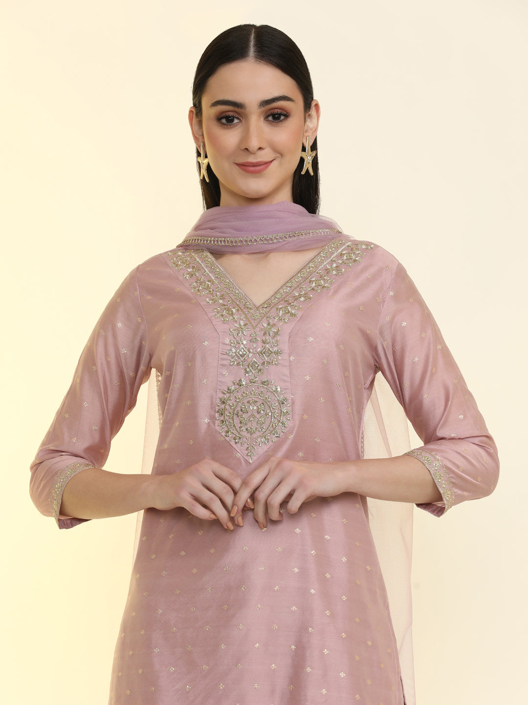 Embroidered Chanderi Cotton Solid Kurta Sets With Net Dupatta