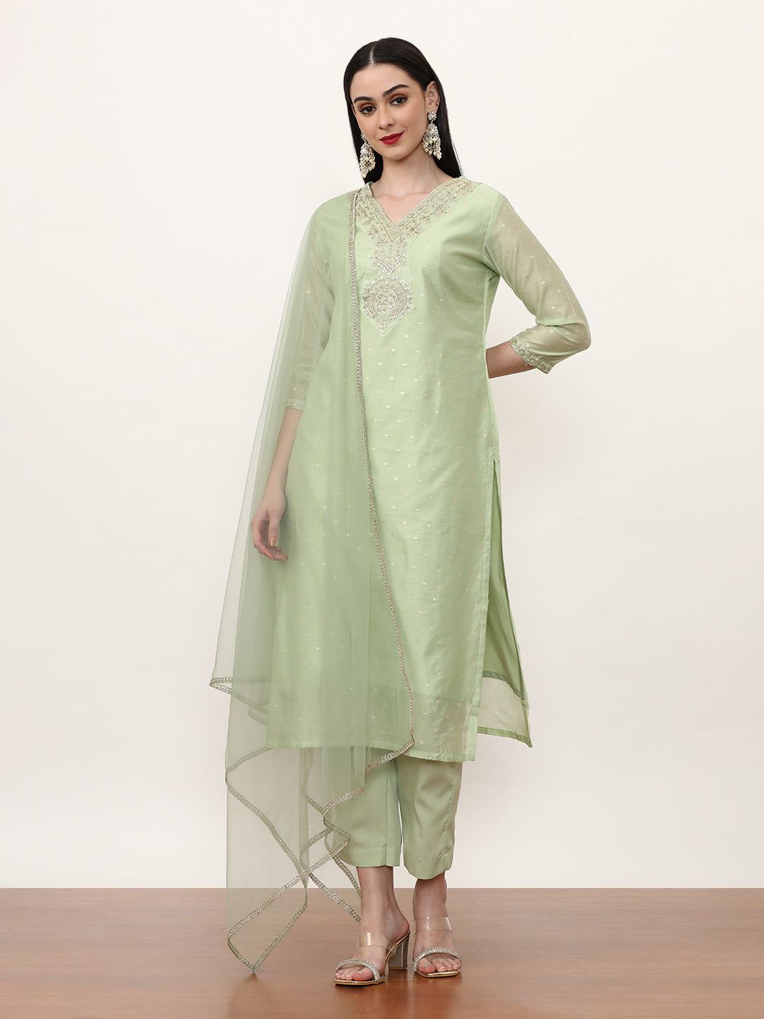 Embroidered Chanderi Cotton Solid Kurta Sets With Net Dupatta