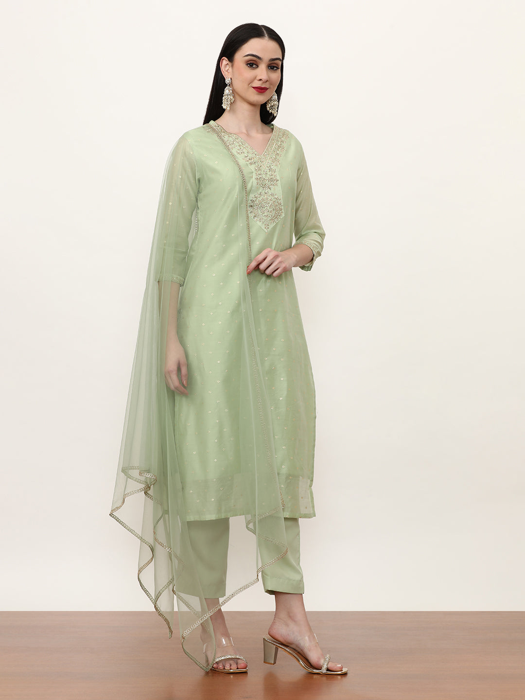 Embroidered Chanderi Cotton Solid Kurta Sets With Net Dupatta