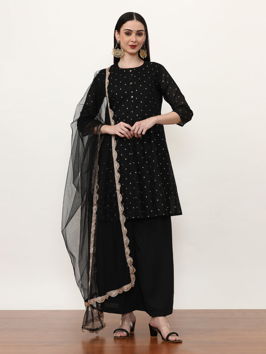 Printed Chanderi Cotton Floral Kurta Sets With Net Dupatta