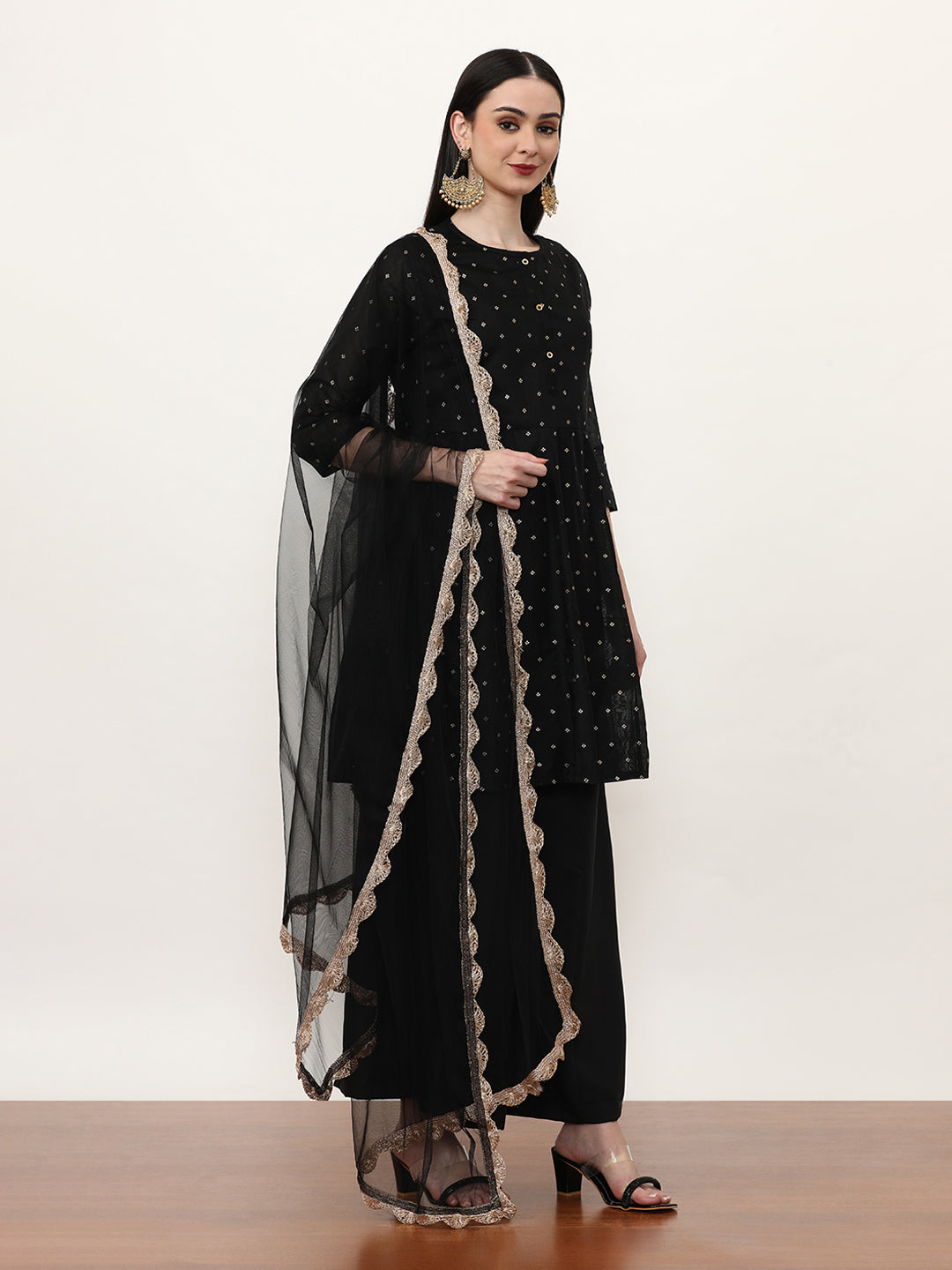 Printed Chanderi Cotton Floral Kurta Sets With Net Dupatta