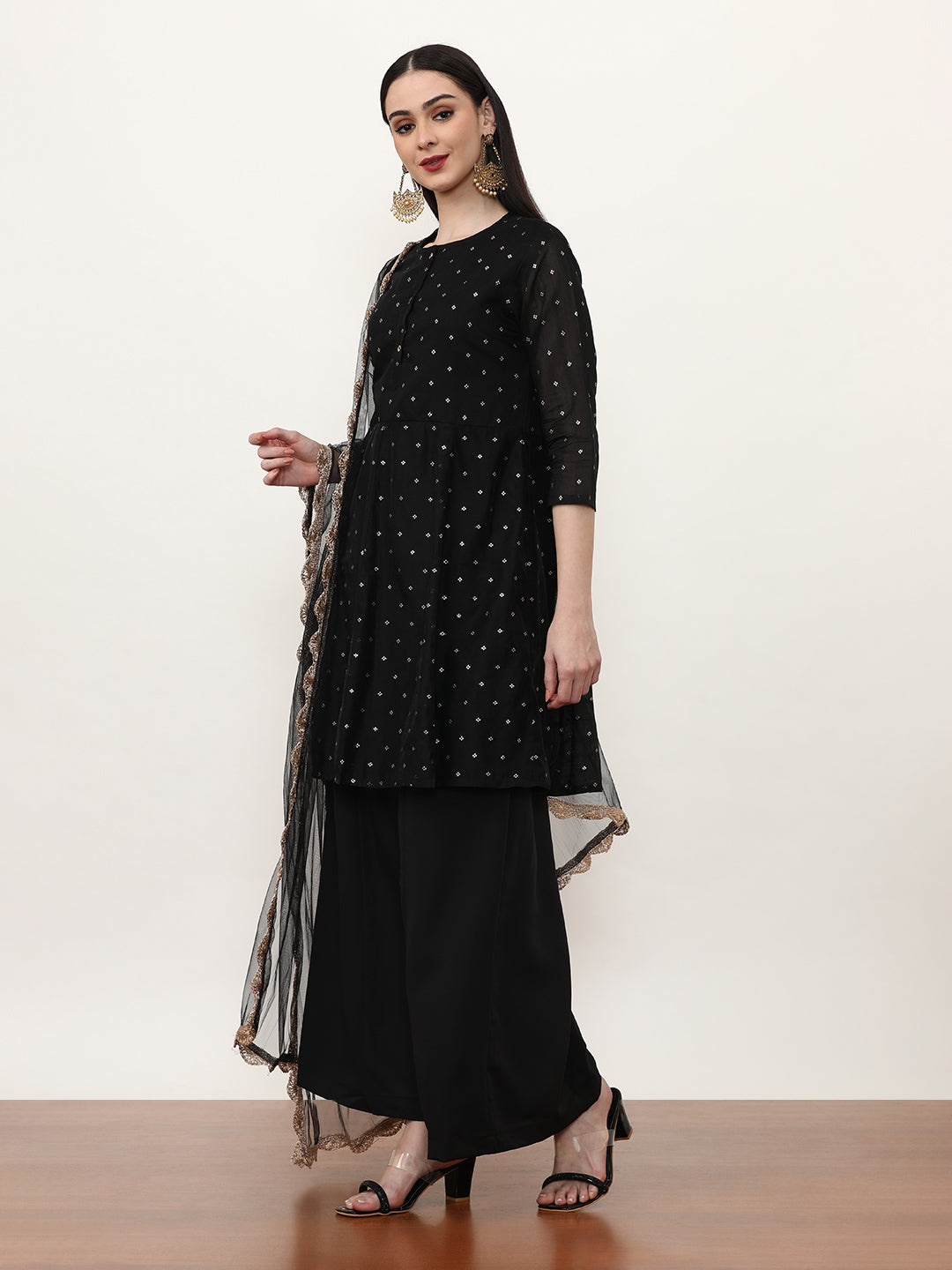 Printed Chanderi Cotton Floral Kurta Sets With Net Dupatta