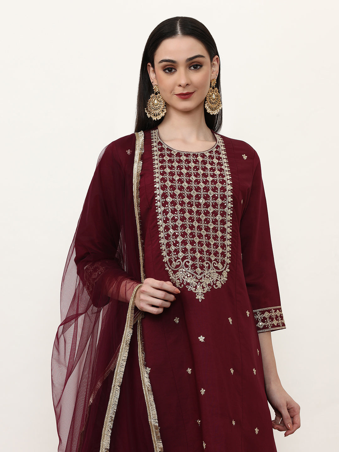 Embroidered Silk Blend Ethnic Motifs Kurta Sets With Net Dupatta