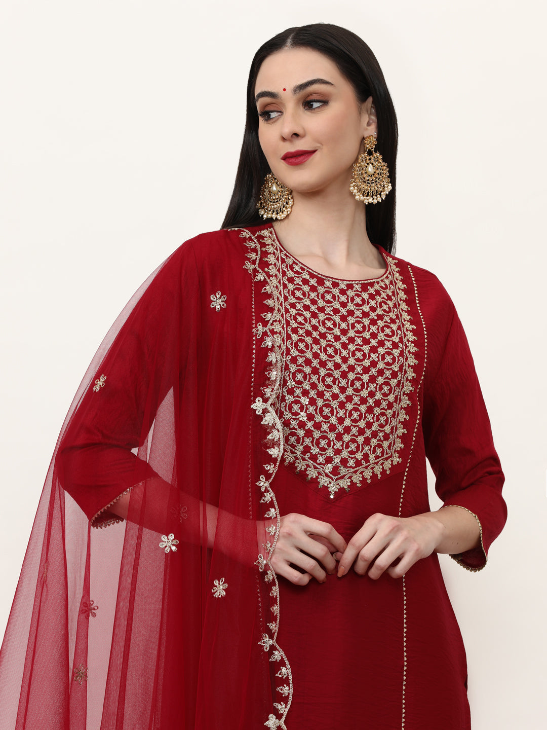 Embroidered Silk Blend Ethnic Motifs Kurta Sets With Net Dupatta