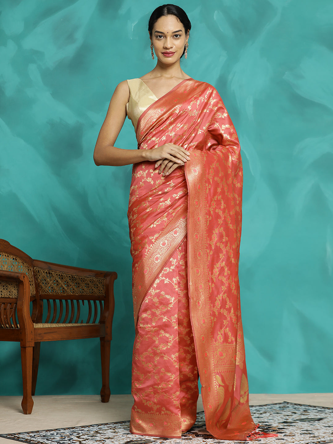 Peach Zari Woven Banarasi Saree