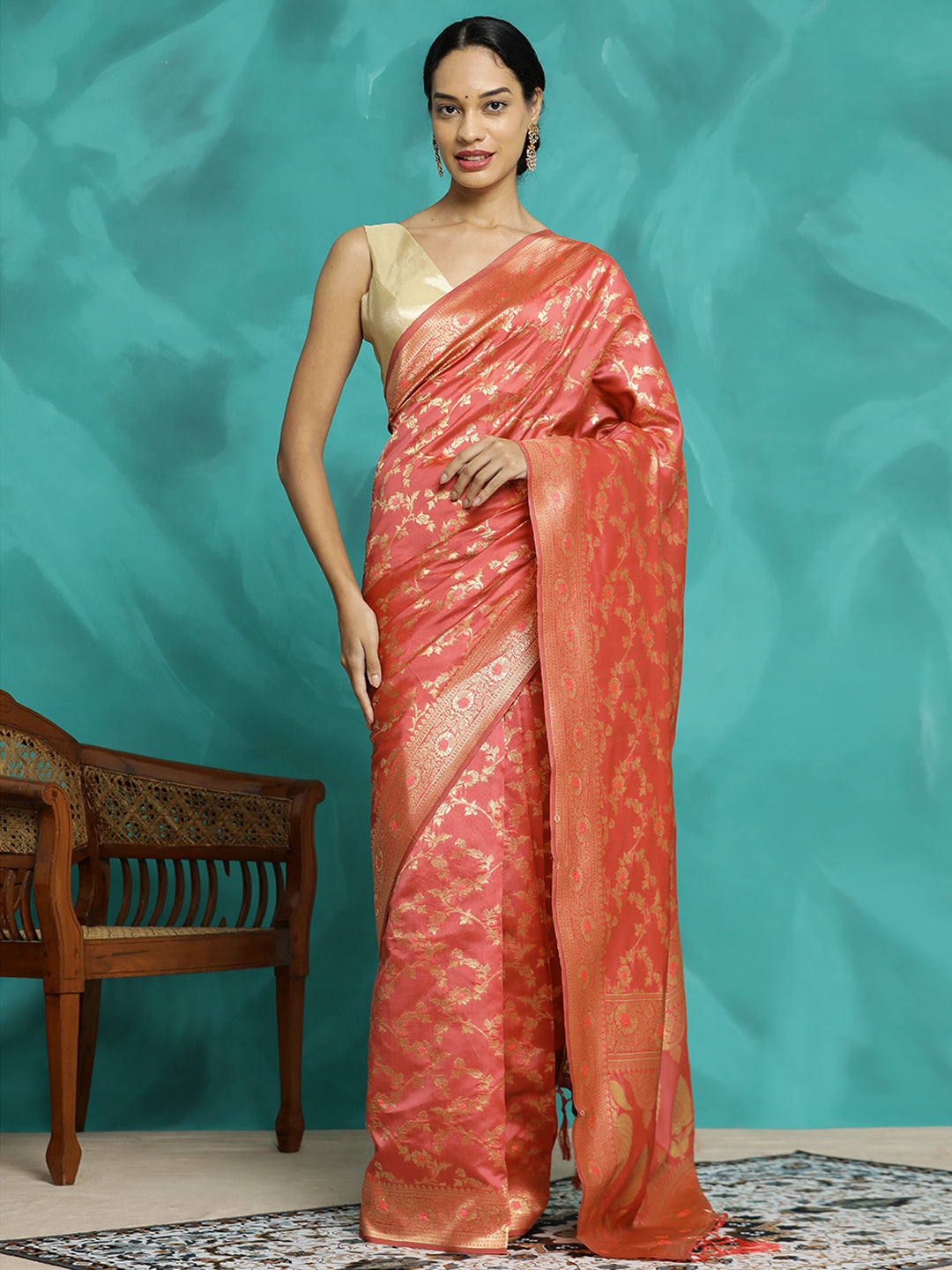 Peach Zari Woven Banarasi Saree