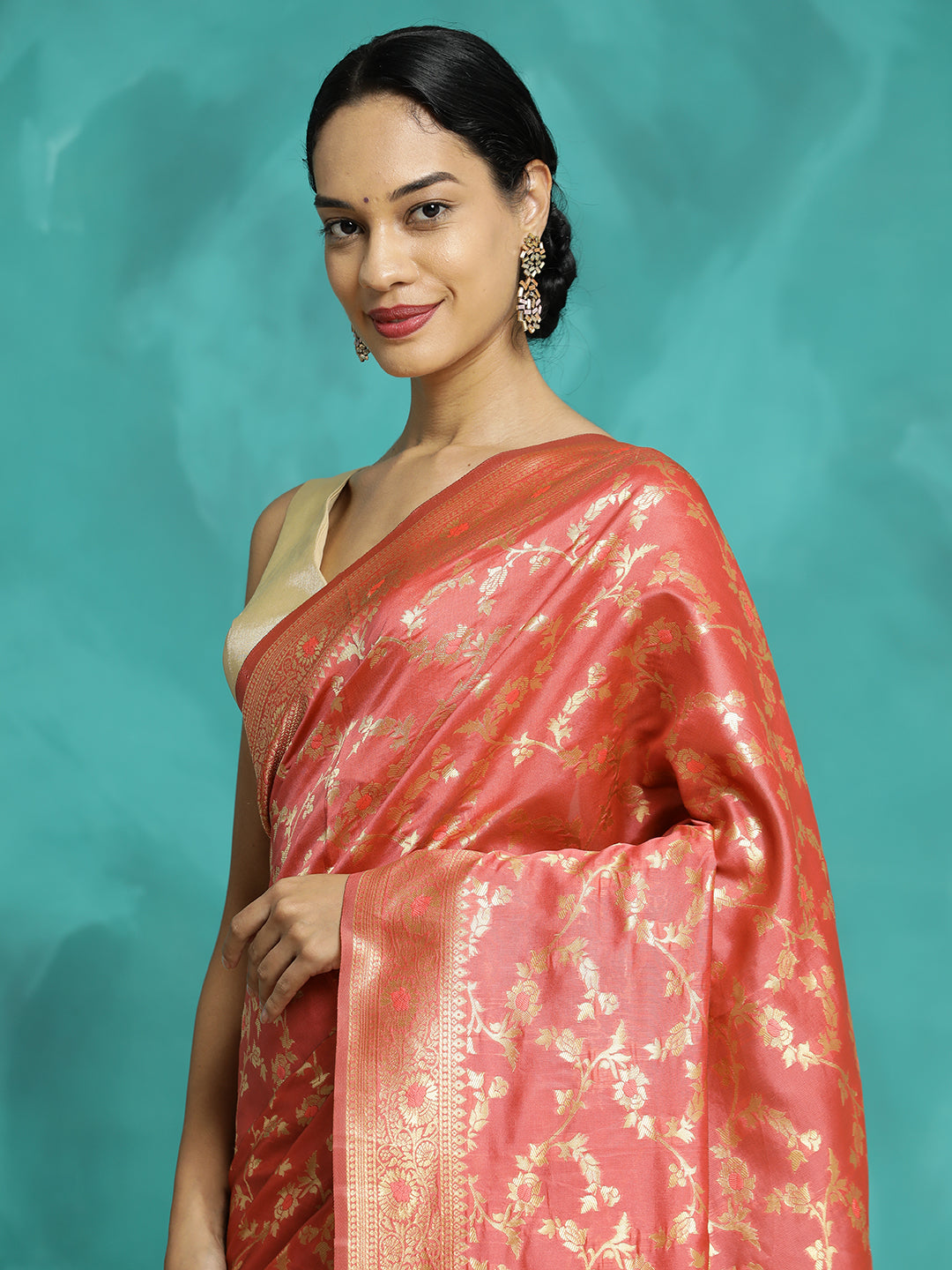 Peach Zari Woven Banarasi Saree