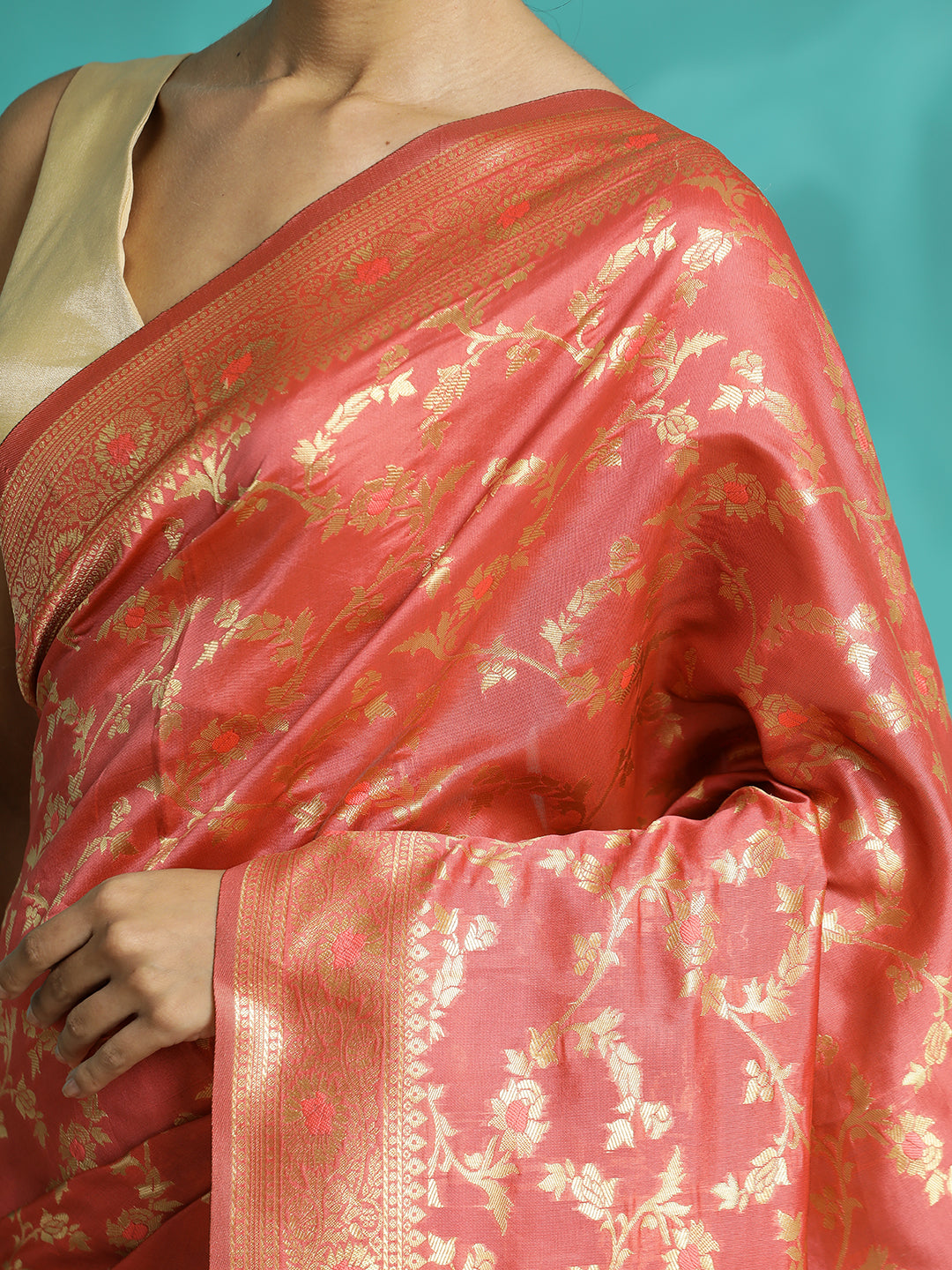 Peach Zari Woven Banarasi Saree