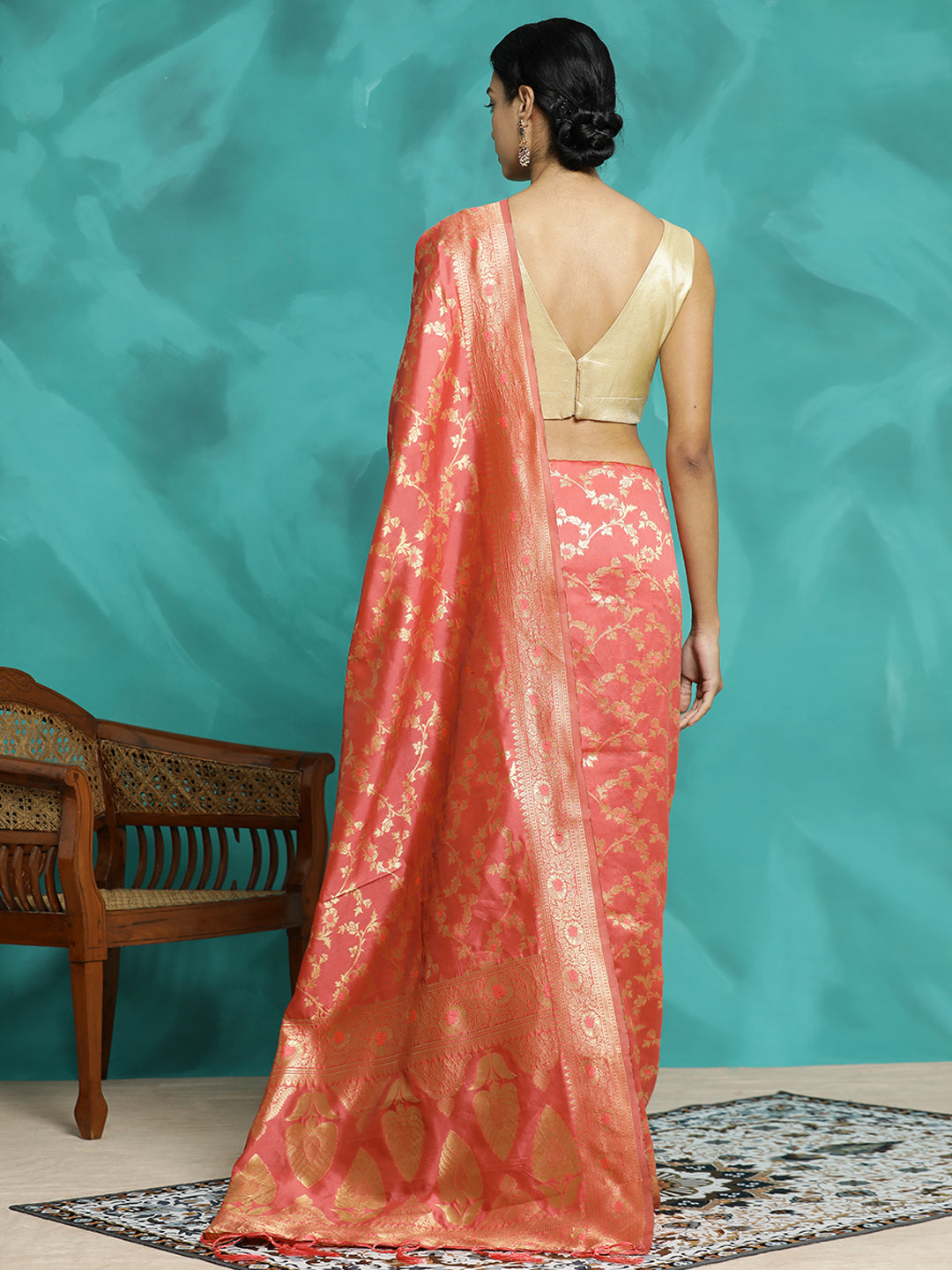 Peach Zari Woven Banarasi Saree