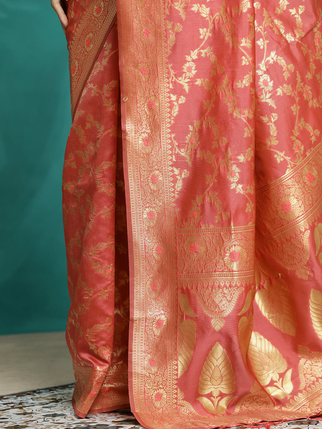 Peach Zari Woven Banarasi Saree