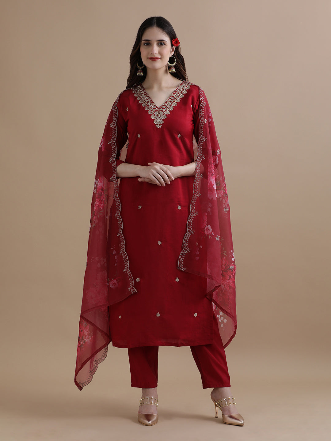 Embroidered Chanderi Cotton Ethnic Motifs Kurta Sets With Dupatta