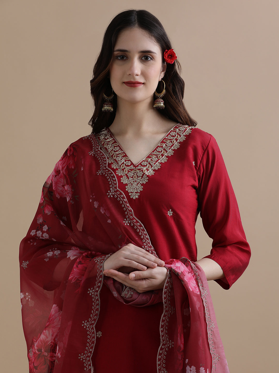 Embroidered Chanderi Cotton Ethnic Motifs Kurta Sets With Dupatta