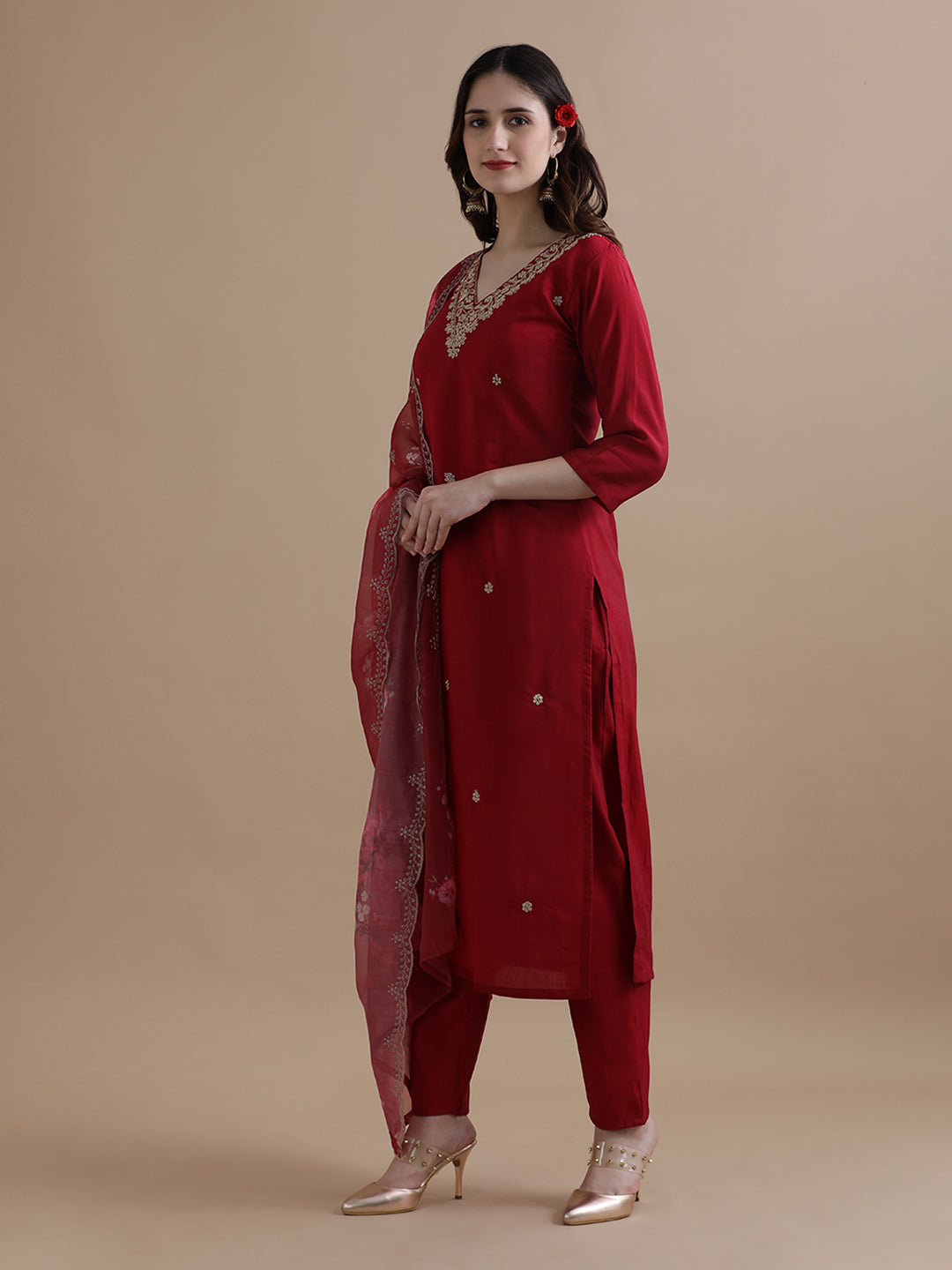 Embroidered Chanderi Cotton Ethnic Motifs Kurta Sets With Dupatta