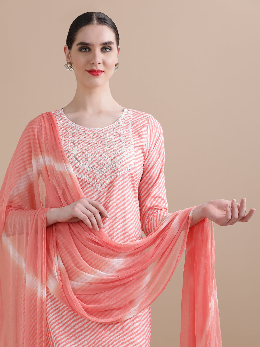 Pure Cotton Leheriya Embroidered Kurta Sets With Dupatta