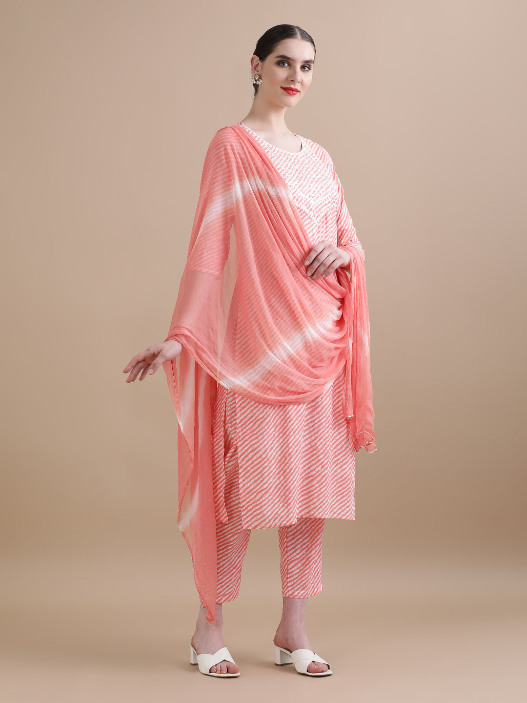 Pure Cotton Leheriya Embroidered Kurta Sets With Dupatta