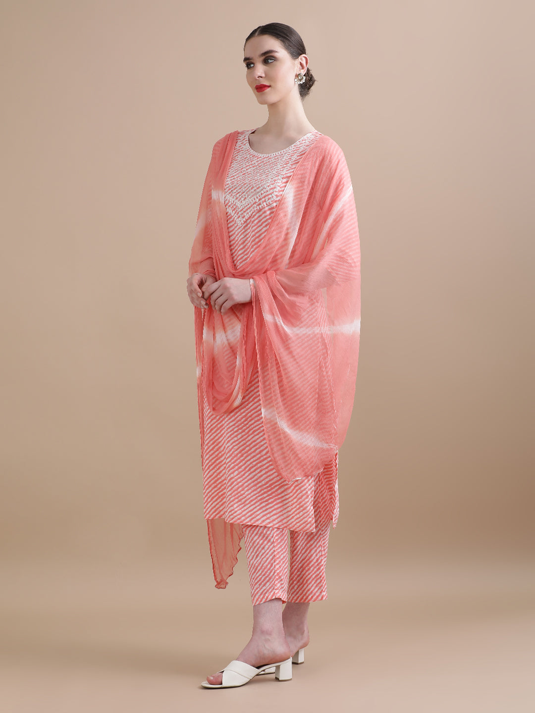 Pure Cotton Leheriya Embroidered Kurta Sets With Dupatta