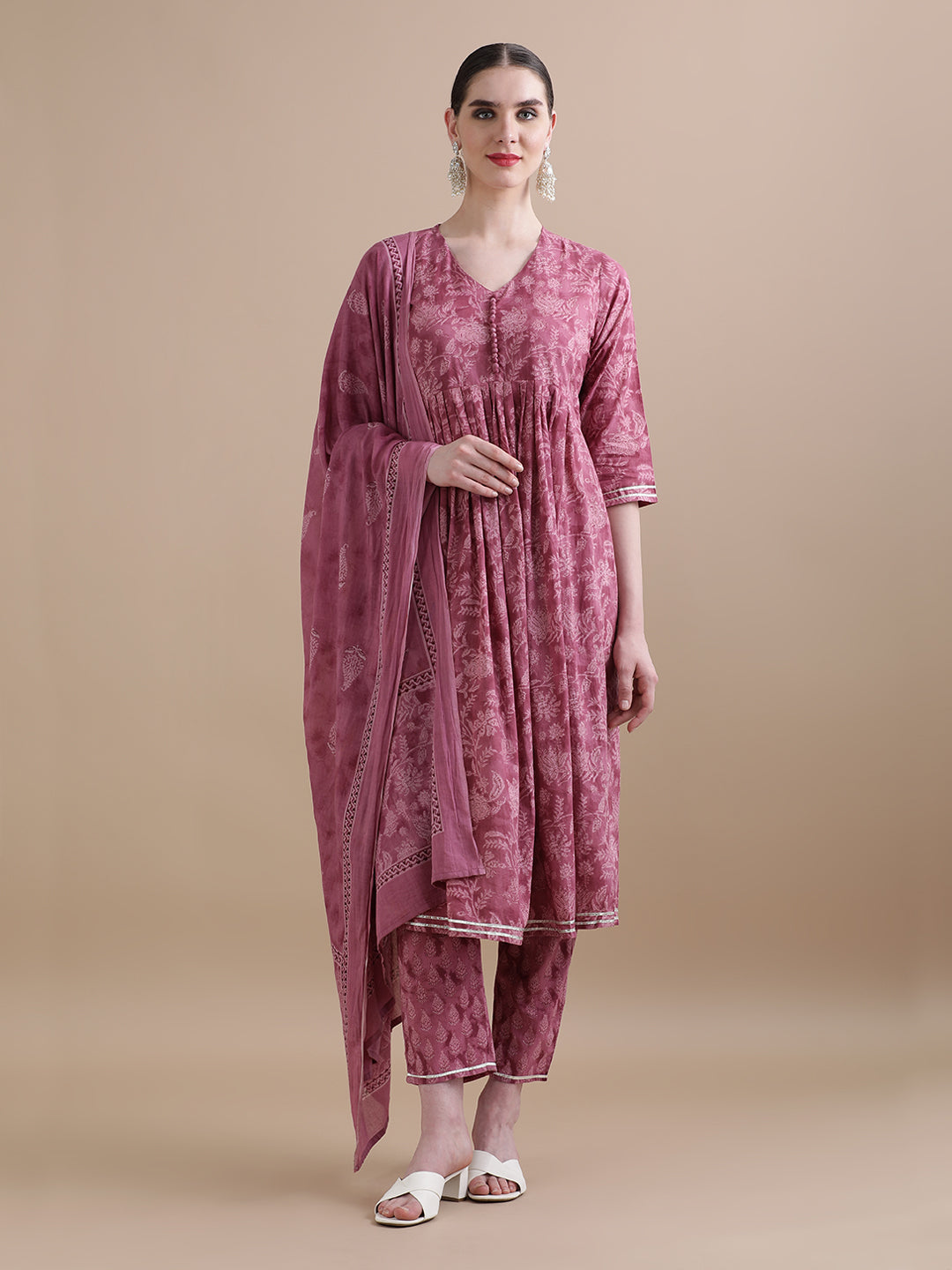 Pure Cotton Floral Flared Gotta Patti Kurta Sets With Dupatta