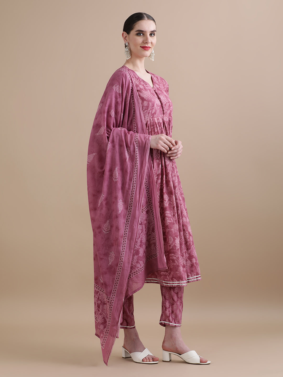 Pure Cotton Floral Flared Gotta Patti Kurta Sets With Dupatta