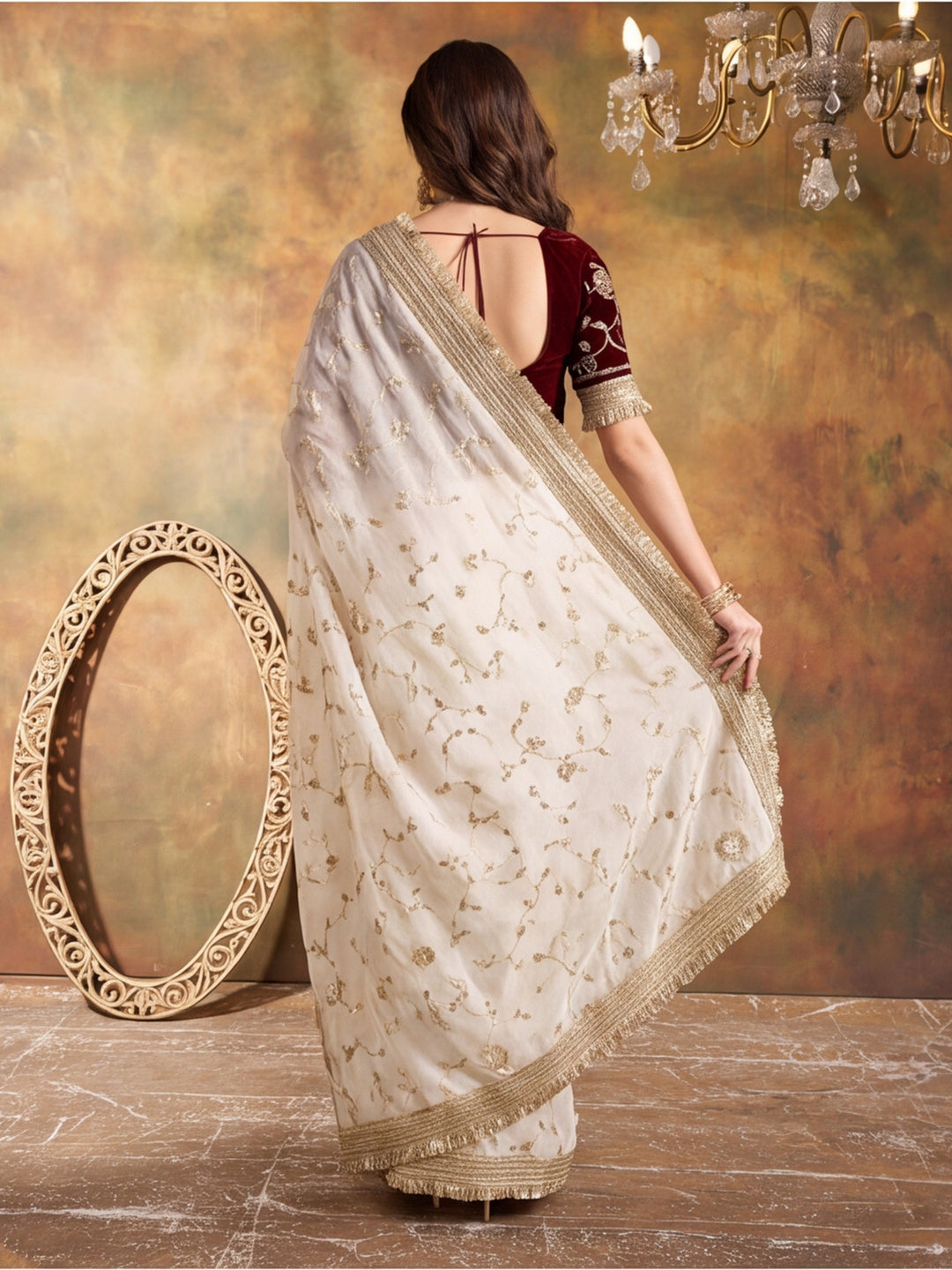 Pure Fandy Satin Pallu Beads Embroidery Work Saree With Unstitched Blouse Piece