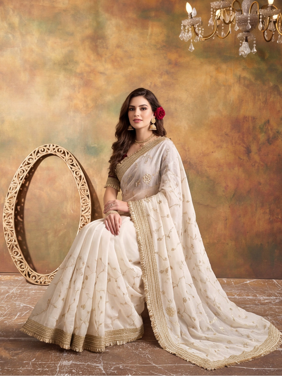 Pure Fandy Satin Pallu Beads Embroidery Work Saree With Unstitched Blouse Piece
