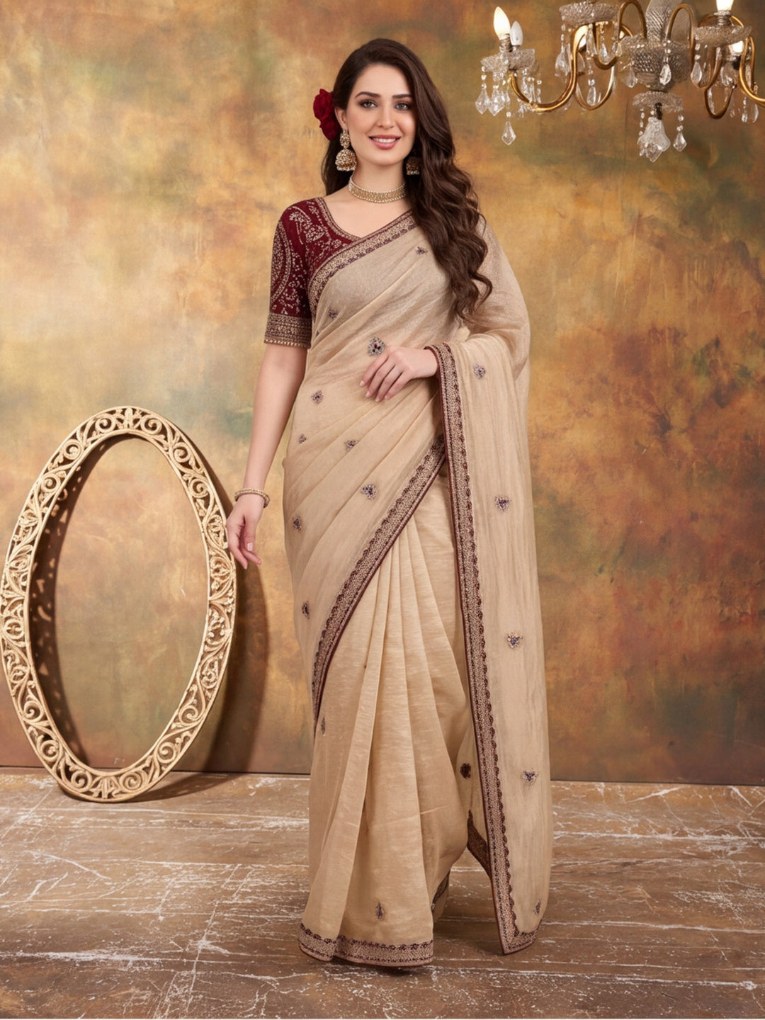 Silk Embroidery Sequence Work Saree With Multi Arco Border With Unstitched Blouse Piece