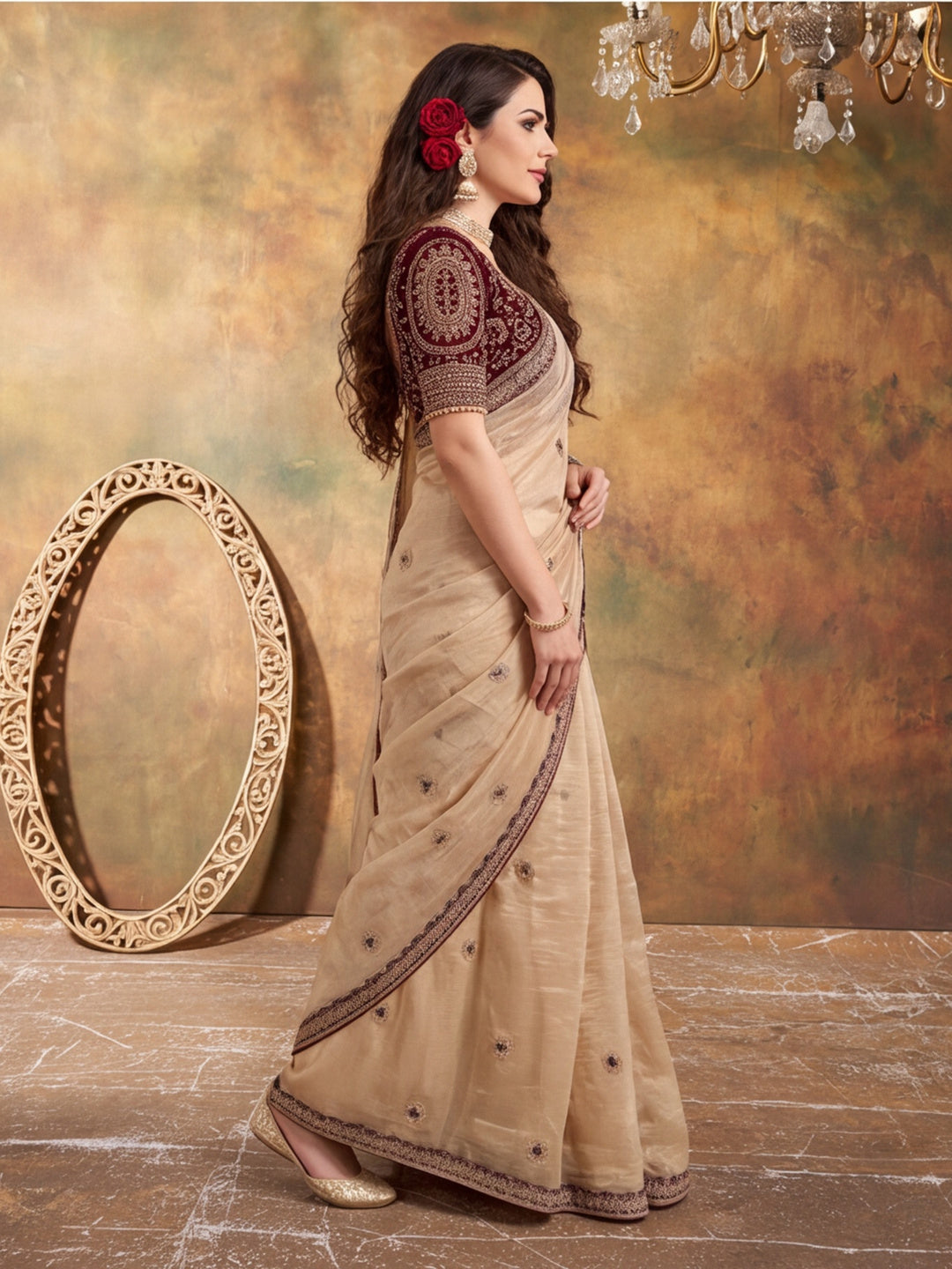 Silk Embroidery Sequence Work Saree With Multi Arco Border With Unstitched Blouse Piece
