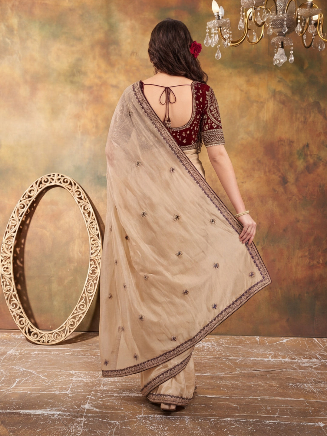Silk Embroidery Sequence Work Saree With Multi Arco Border With Unstitched Blouse Piece