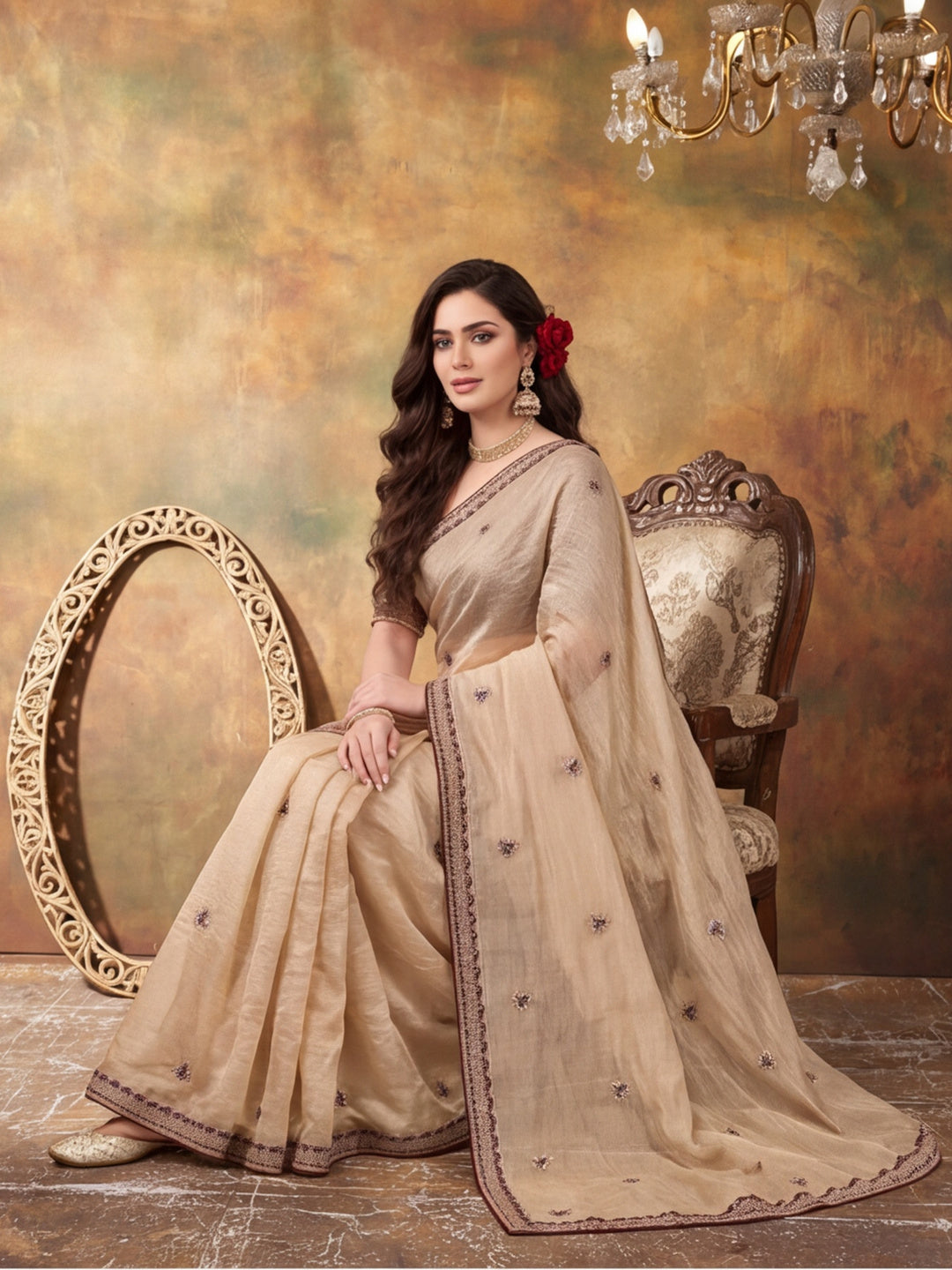 Silk Embroidery Sequence Work Saree With Multi Arco Border With Unstitched Blouse Piece
