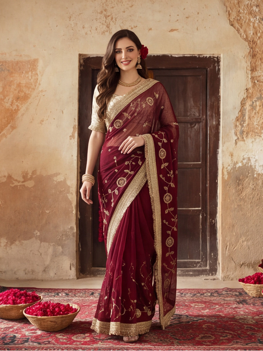 Pure Fandy Satin Pallu Beads Embroidery Work Saree With Unstitched Blouse Piece