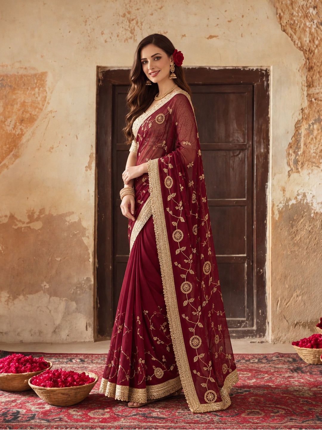 Pure Fandy Satin Pallu Beads Embroidery Work Saree With Unstitched Blouse Piece