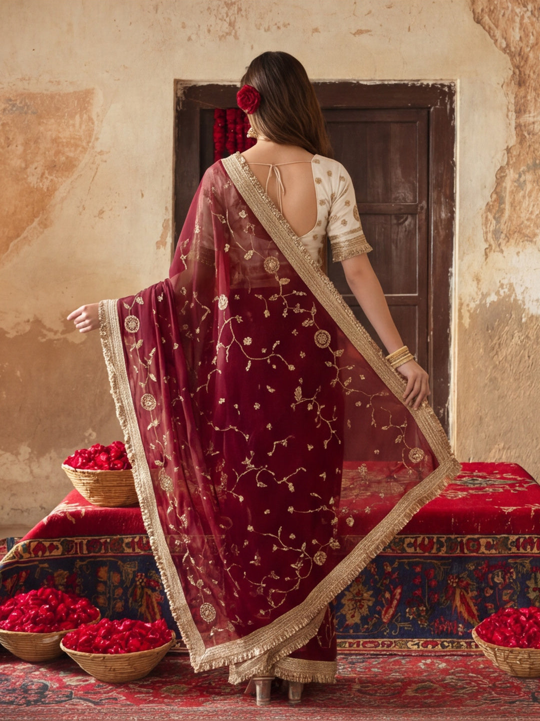 Pure Fandy Satin Pallu Beads Embroidery Work Saree With Unstitched Blouse Piece