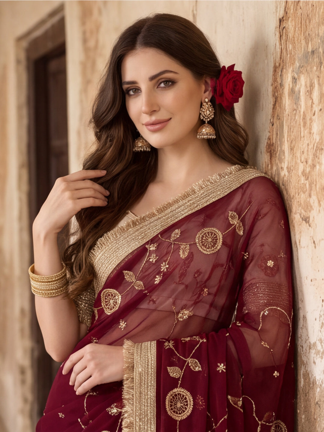 Pure Fandy Satin Pallu Beads Embroidery Work Saree With Unstitched Blouse Piece