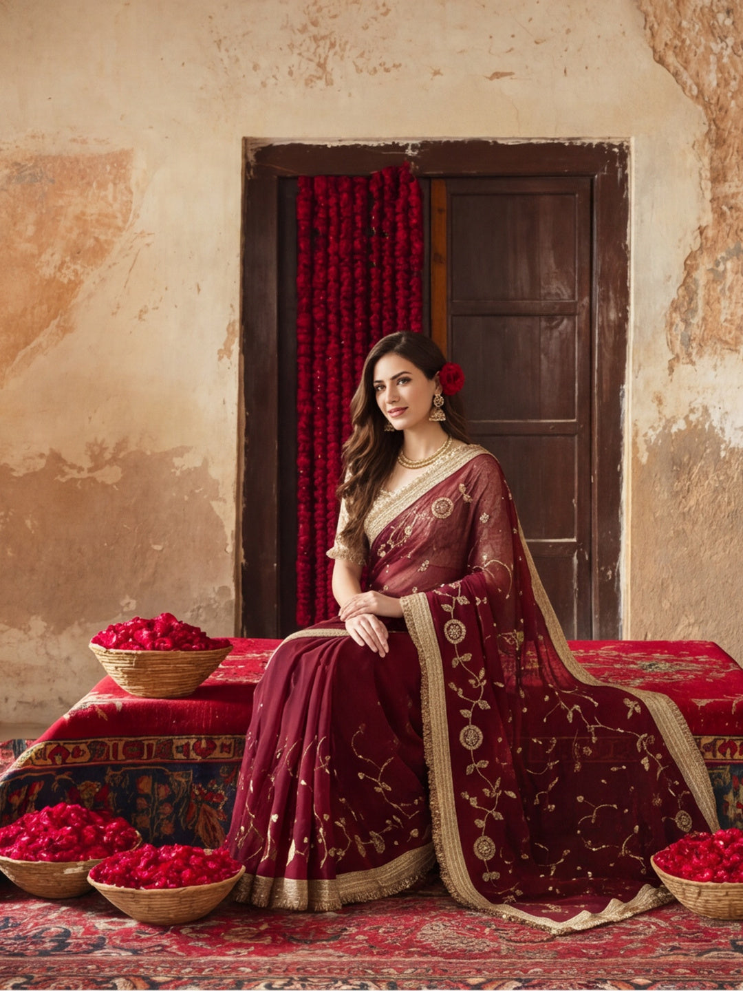 Pure Fandy Satin Pallu Beads Embroidery Work Saree With Unstitched Blouse Piece
