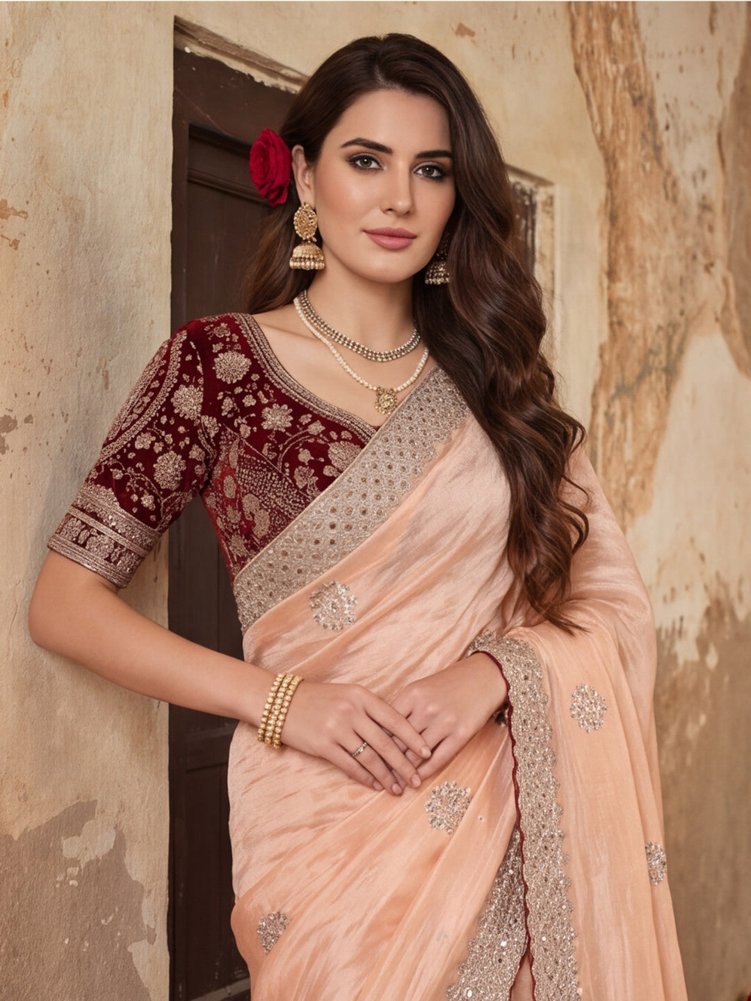 Pure Fandy Satin Pallu Embroidery With Border With Unstitched Blouse Piece