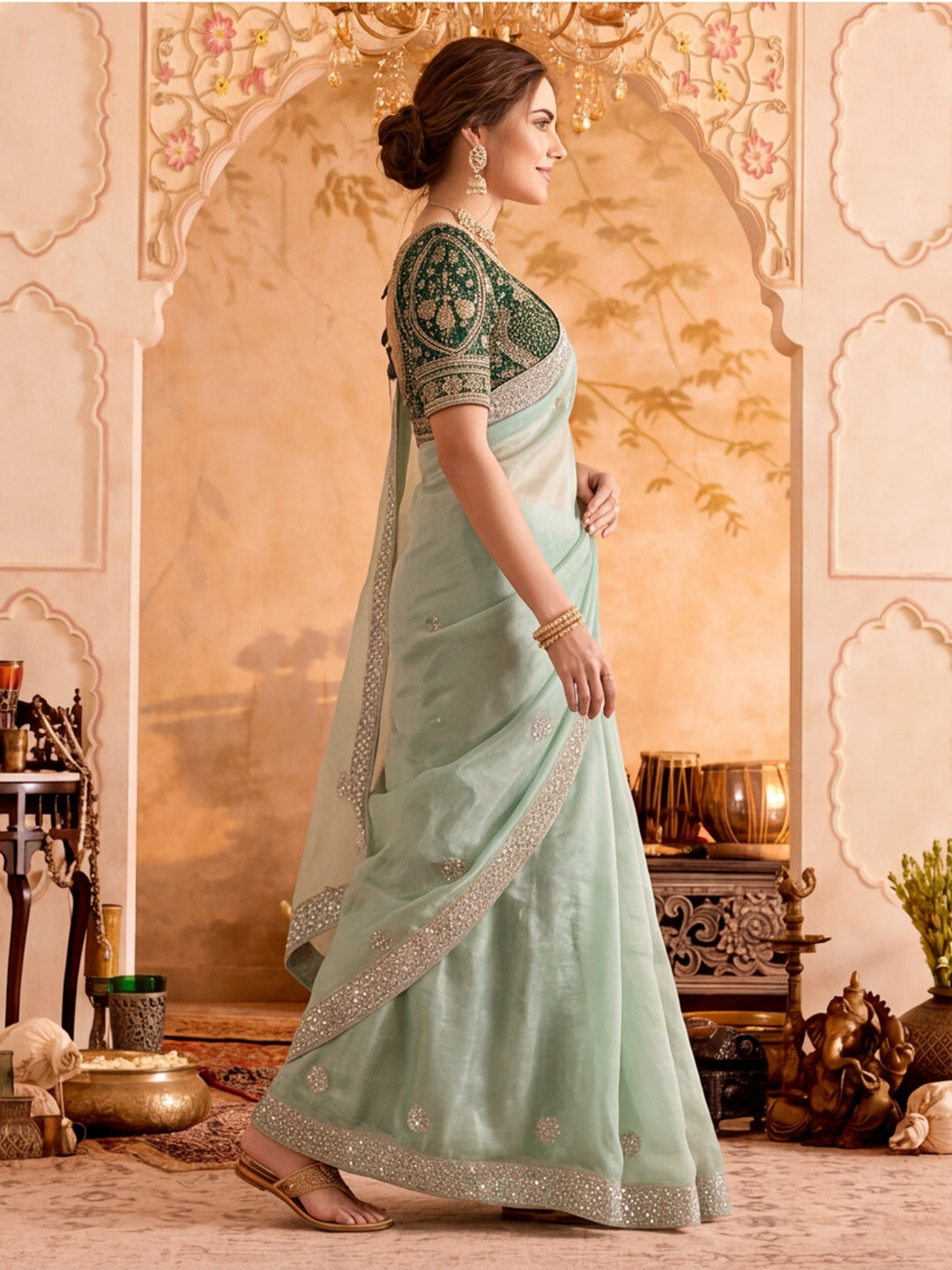 Pure Fandy Satin Pallu Embroidery With Border With Unstitched Blouse Piece