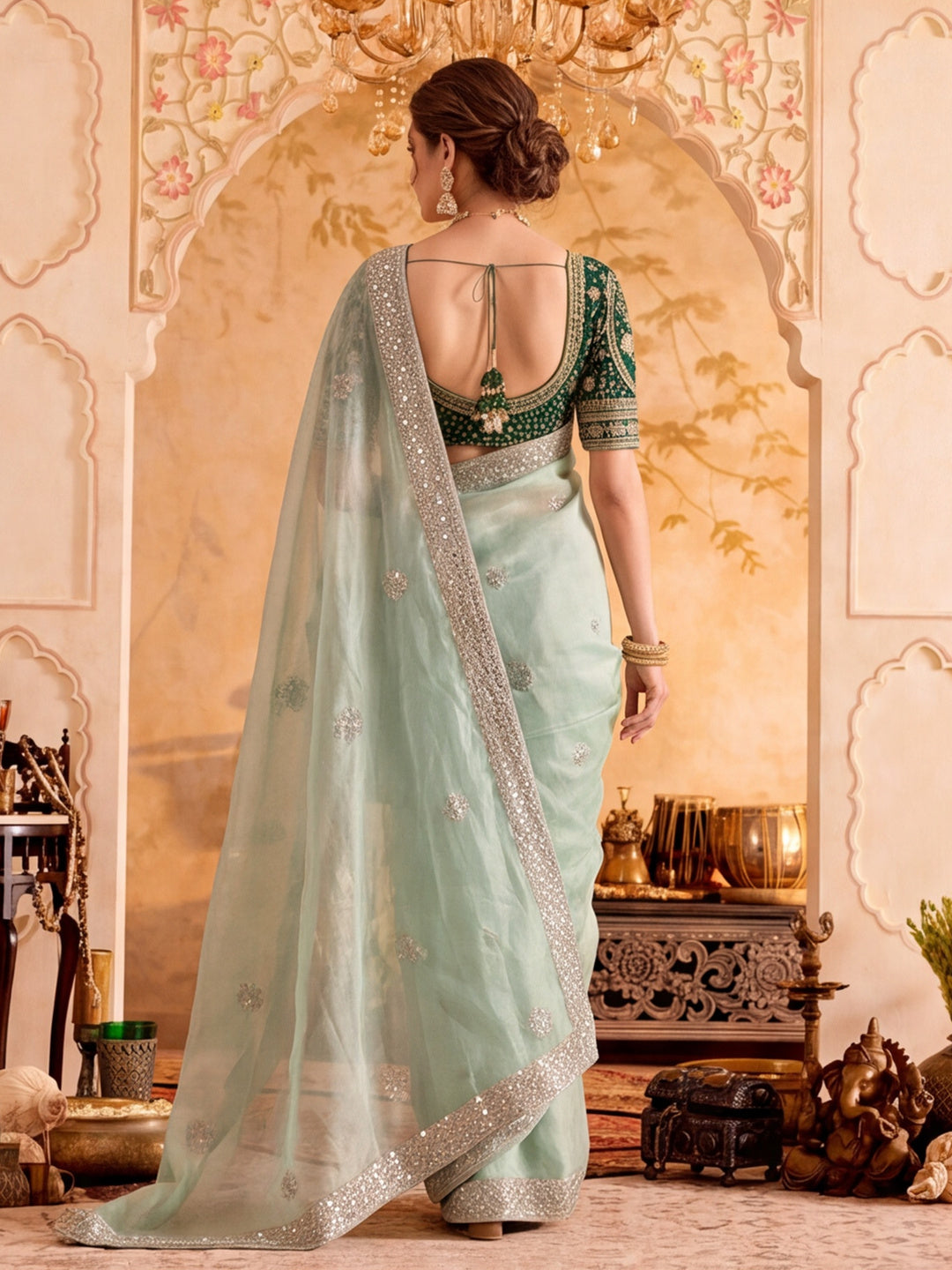 Pure Fandy Satin Pallu Embroidery With Border With Unstitched Blouse Piece