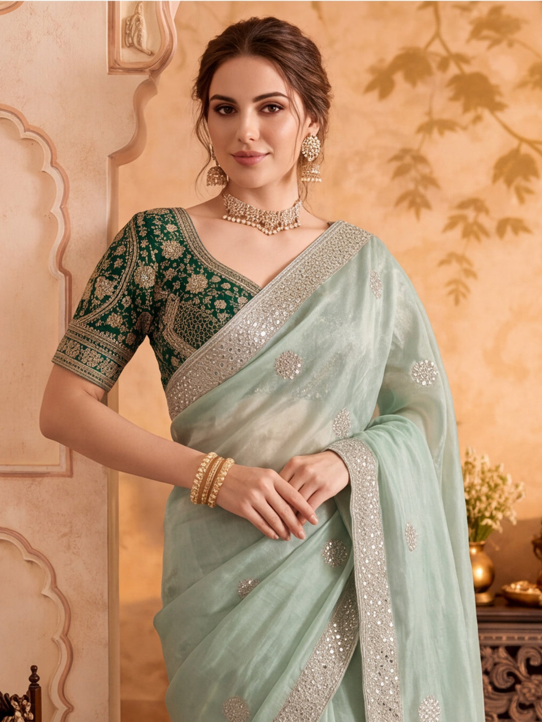 Pure Fandy Satin Pallu Embroidery With Border With Unstitched Blouse Piece