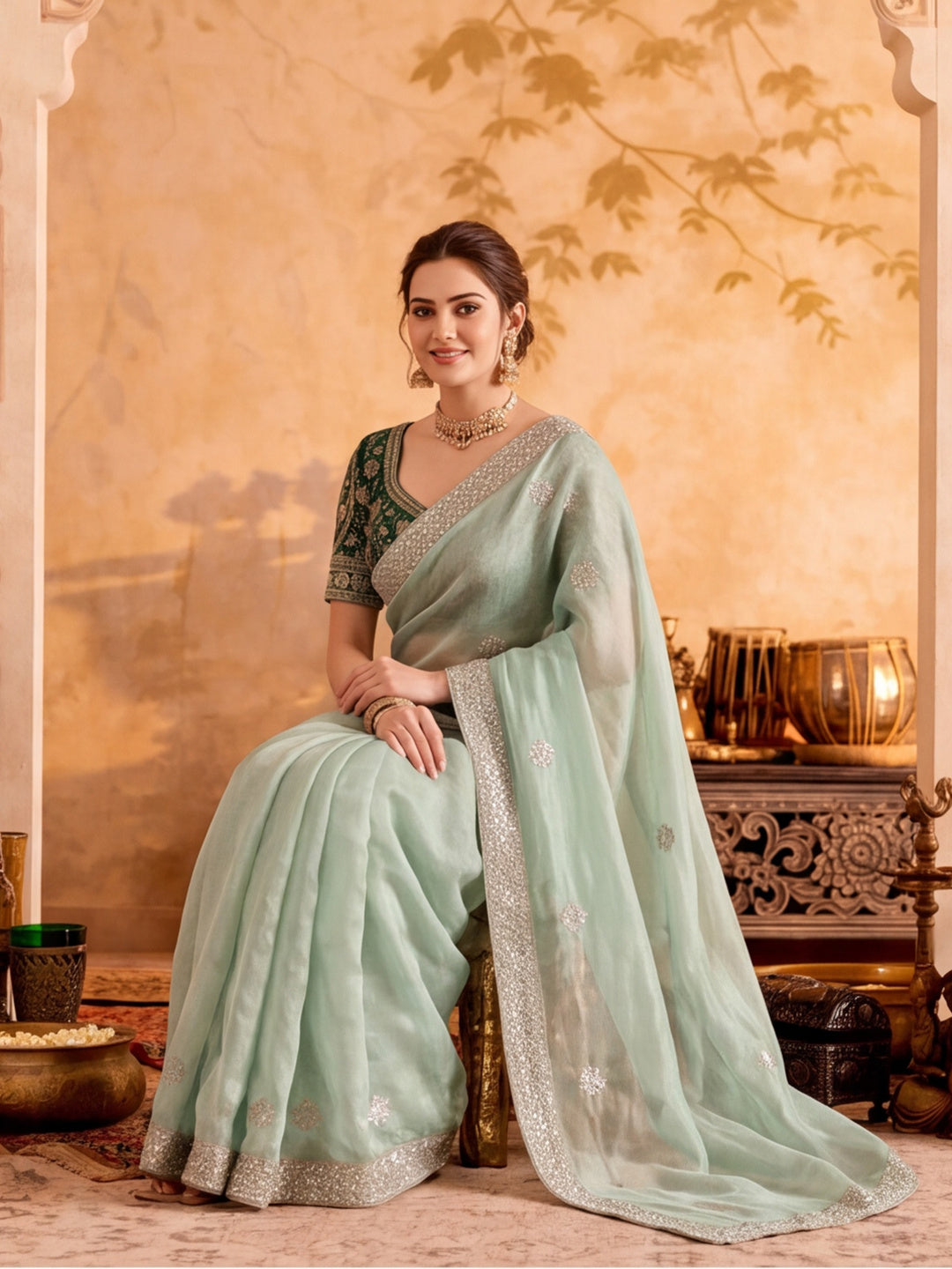 Pure Fandy Satin Pallu Embroidery With Border With Unstitched Blouse Piece