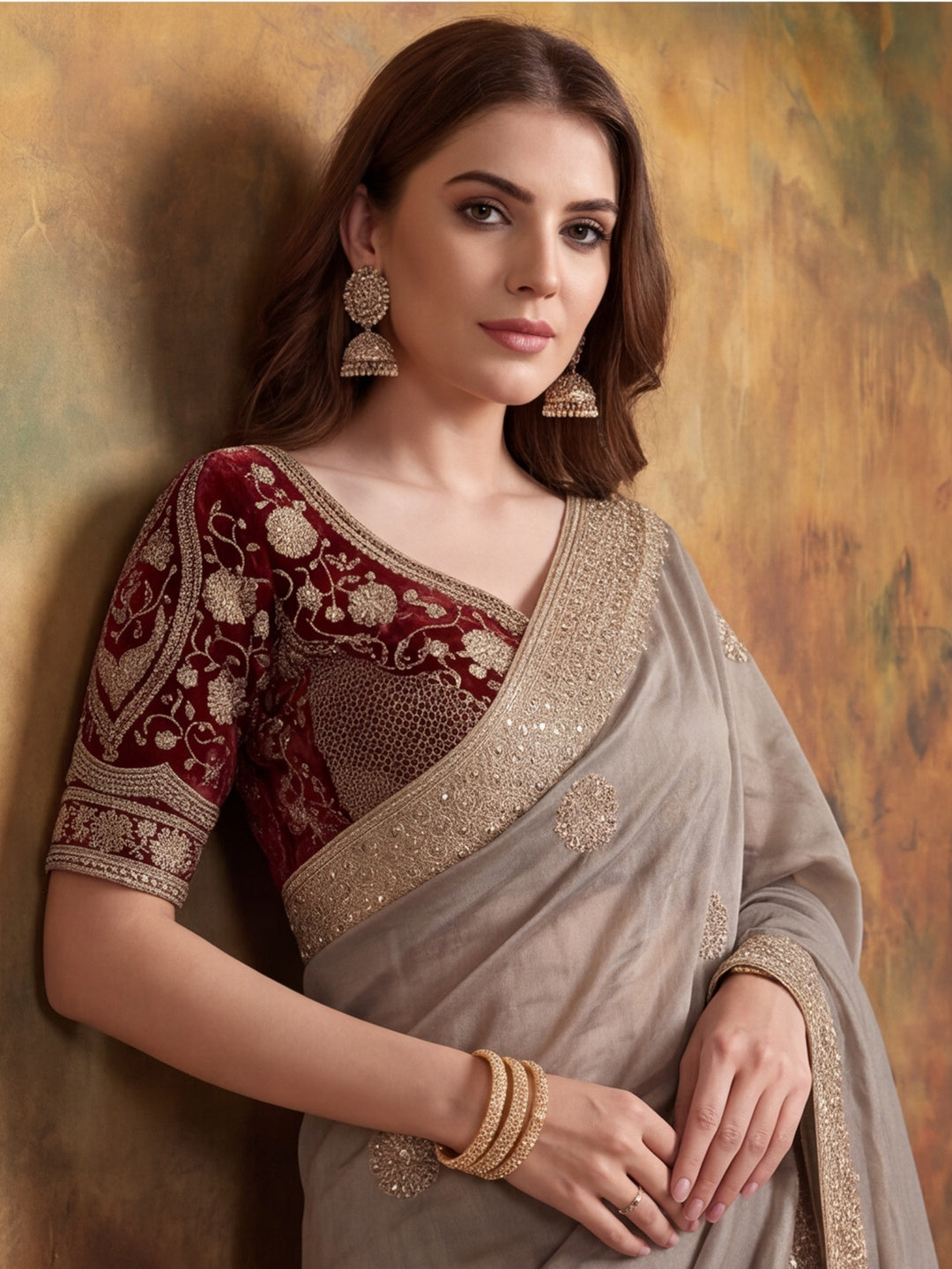 Pure Fandy Satin Pallu Embroidery With Border With Unstitched Blouse Piece