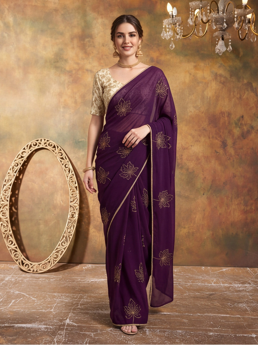 Soft Silk  Embroidery Work Saree With Readymade Lace Border With Unstitched Blouse Piece