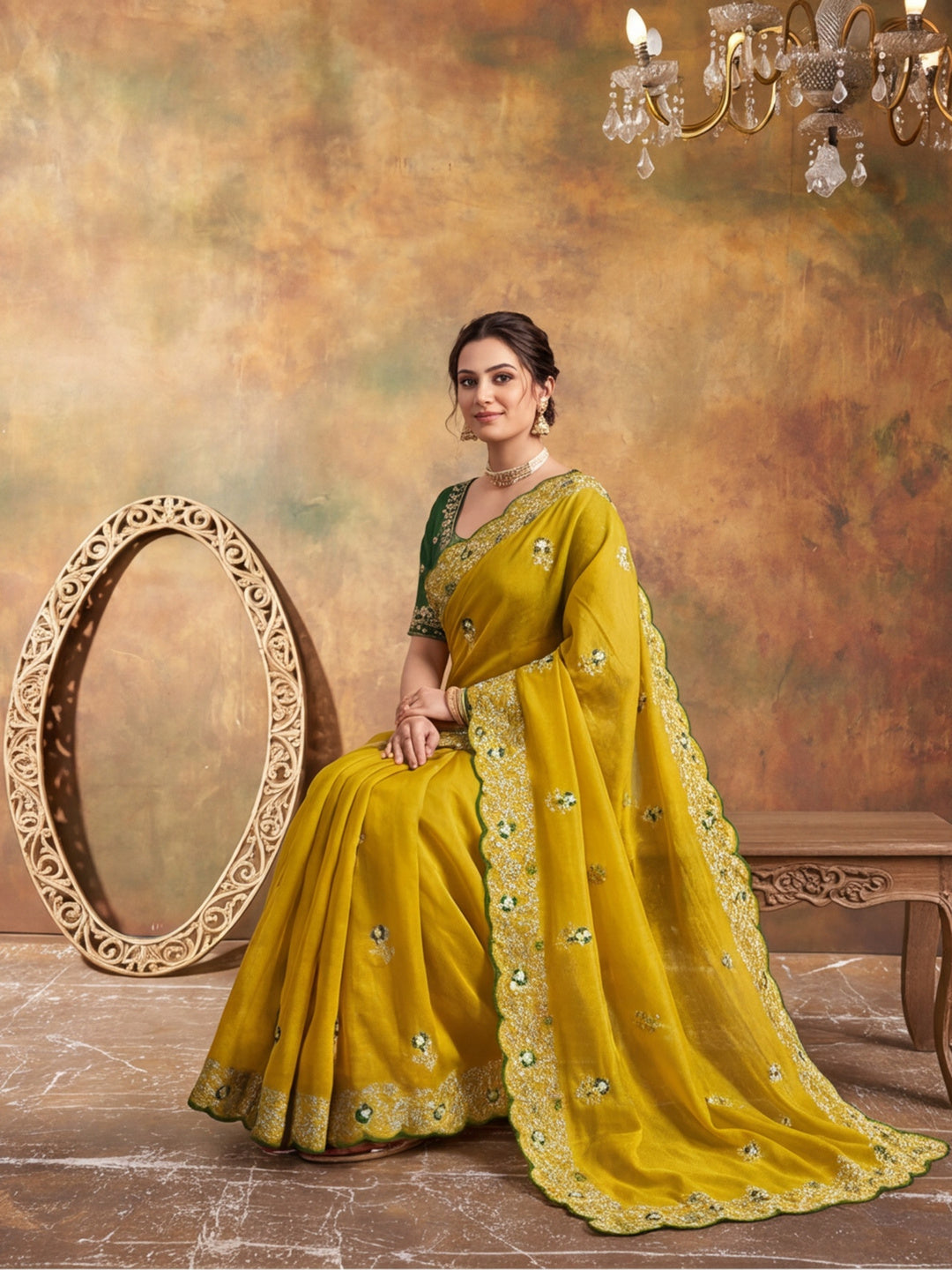 Soft Vichitra Silk  Embroidery Sequence Thread Work Saree With Unstitched Blouse Piece