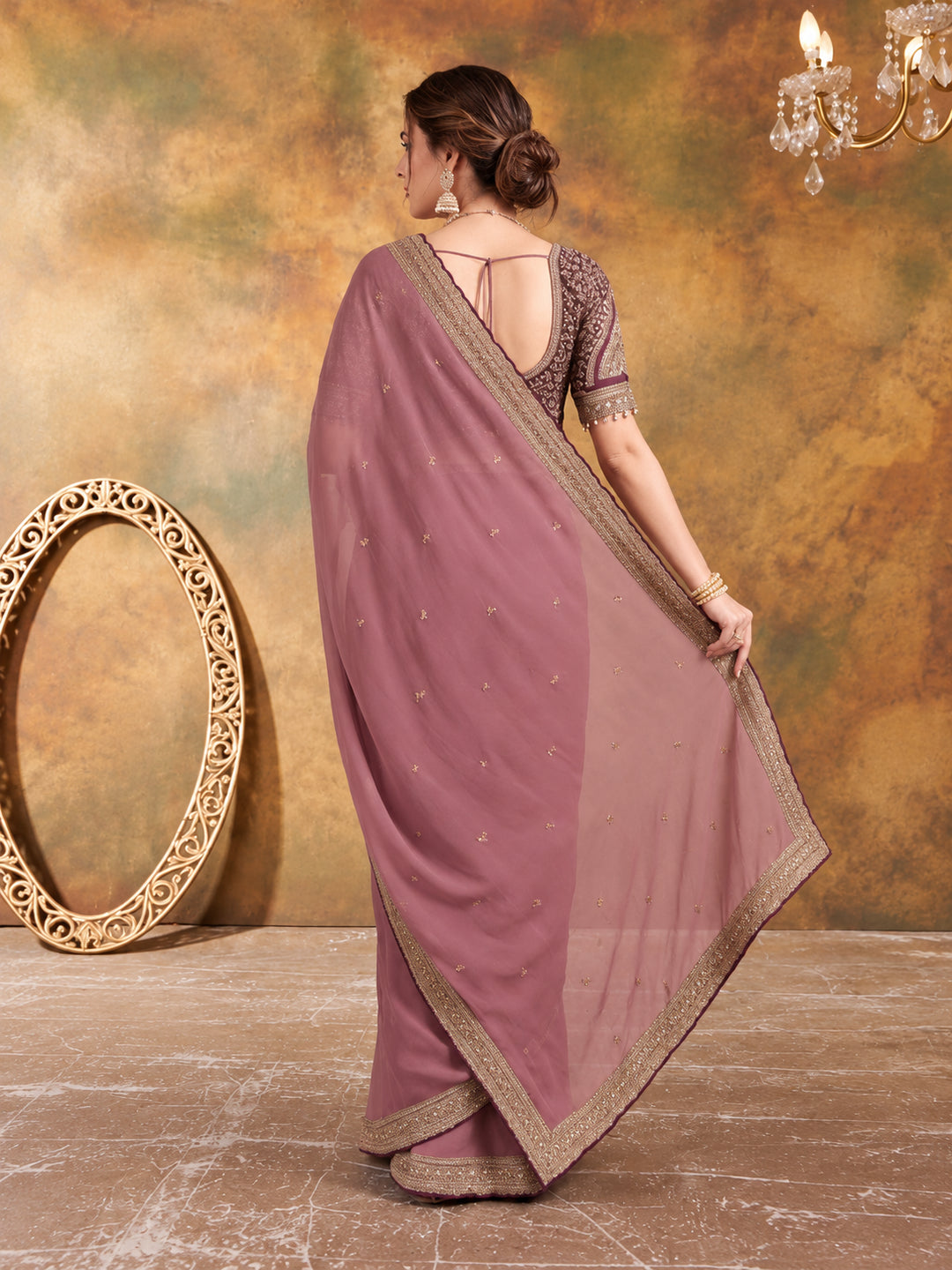 Silk Embroidery Sequence Work Saree With Multi Arco Border With Unstitched Blouse Piece