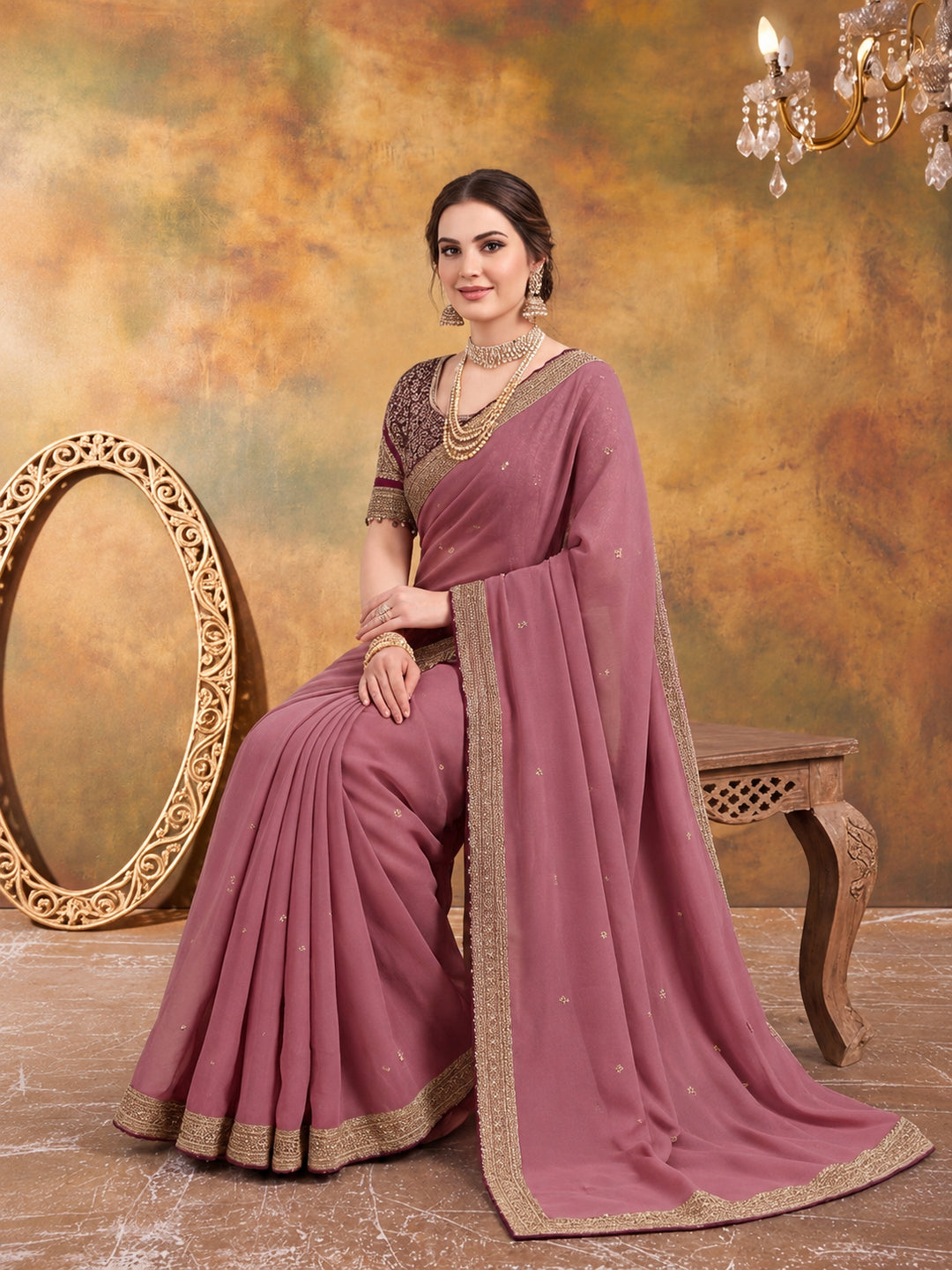 Silk Embroidery Sequence Work Saree With Multi Arco Border With Unstitched Blouse Piece