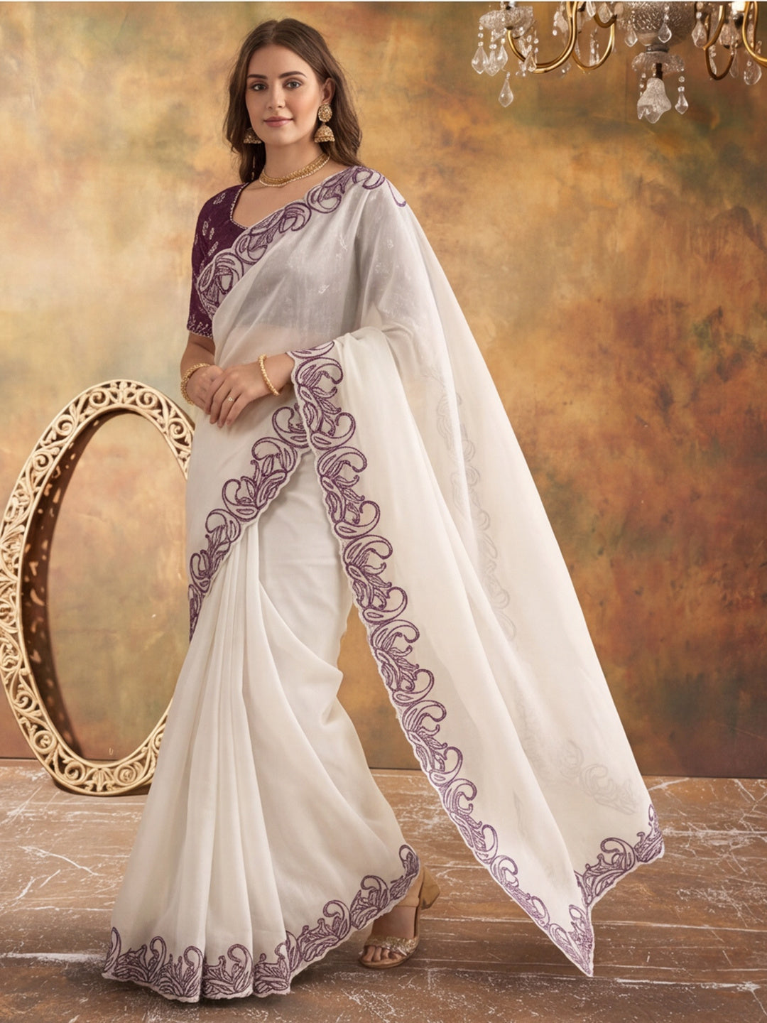 Designer Crunchy Silk Embroidery pallu Work Saree With Unstitched Blouse Piece