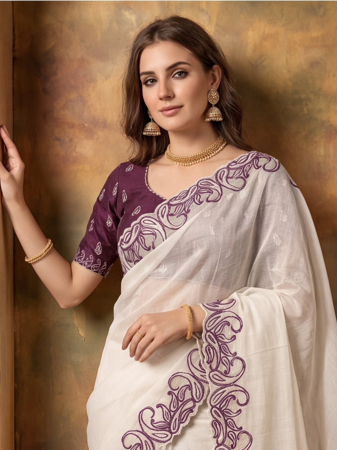 Designer Crunchy Silk Embroidery pallu Work Saree With Unstitched Blouse Piece