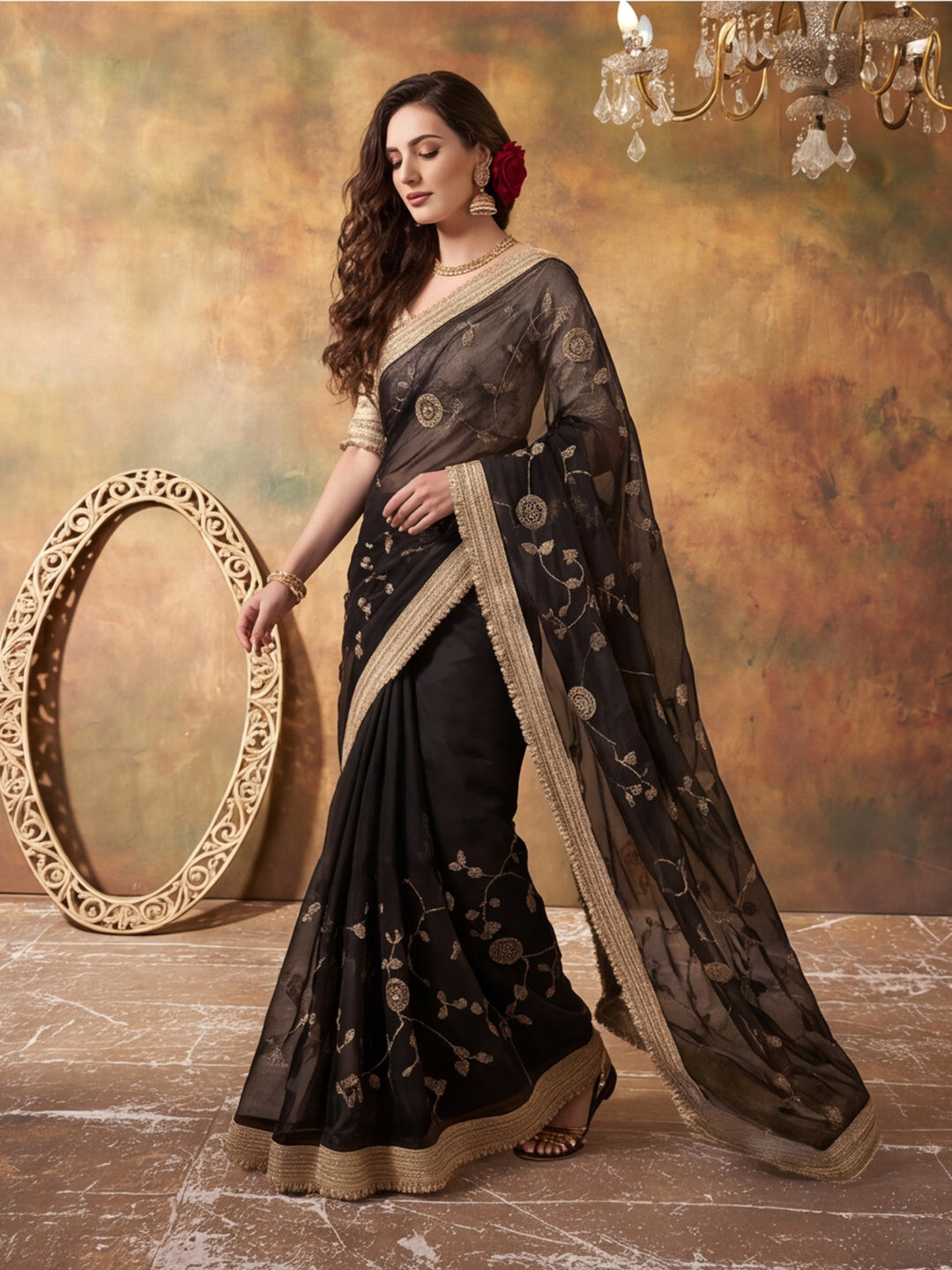 Pure Fandy Satin Pallu Beads Embroidery Work Saree With Unstitched Blouse Piece