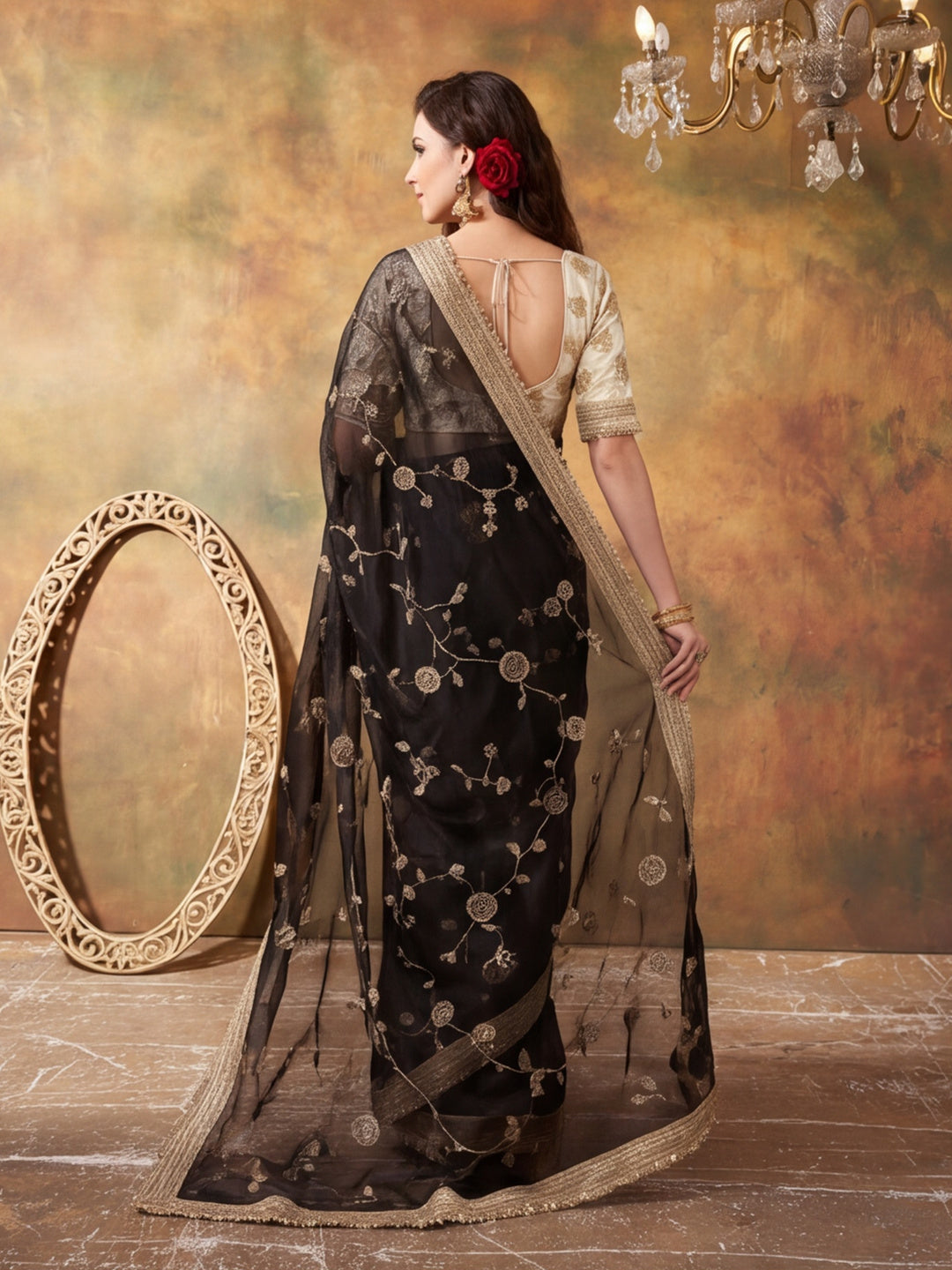 Pure Fandy Satin Pallu Beads Embroidery Work Saree With Unstitched Blouse Piece