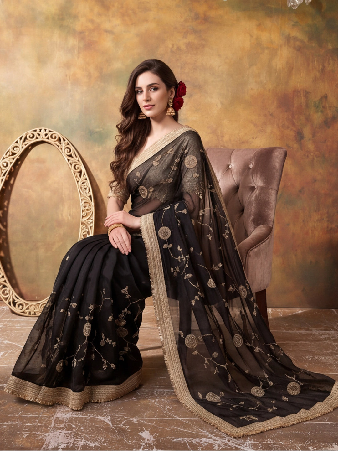 Pure Fandy Satin Pallu Beads Embroidery Work Saree With Unstitched Blouse Piece