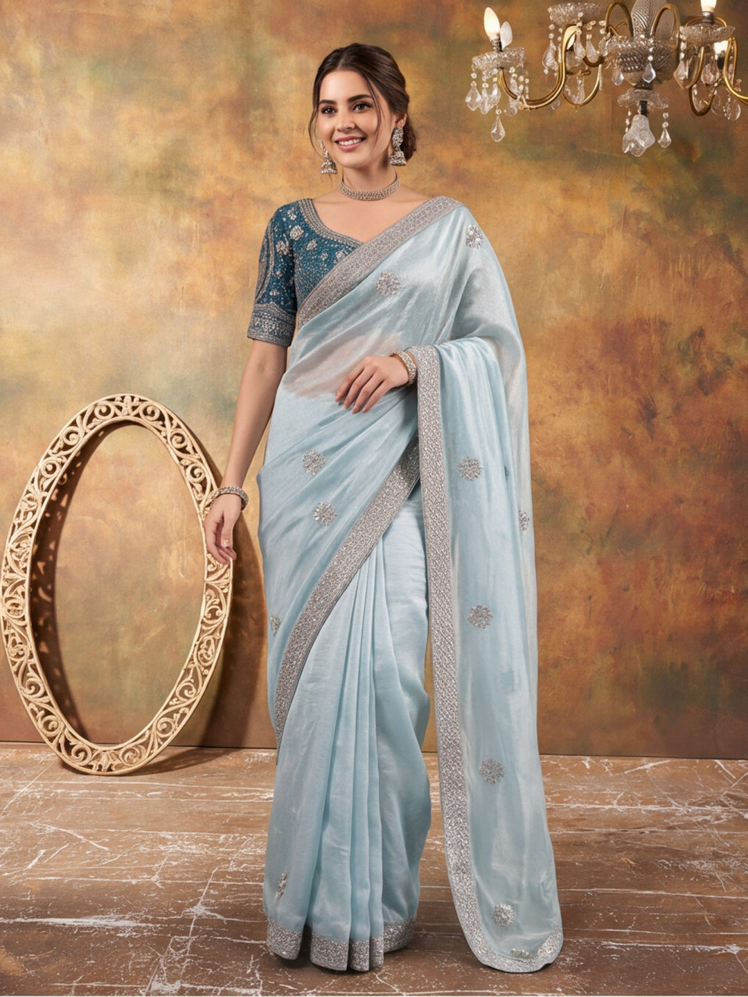 Pure Fandy Satin Pallu Embroidery With Border With Unstitched Blouse Piece