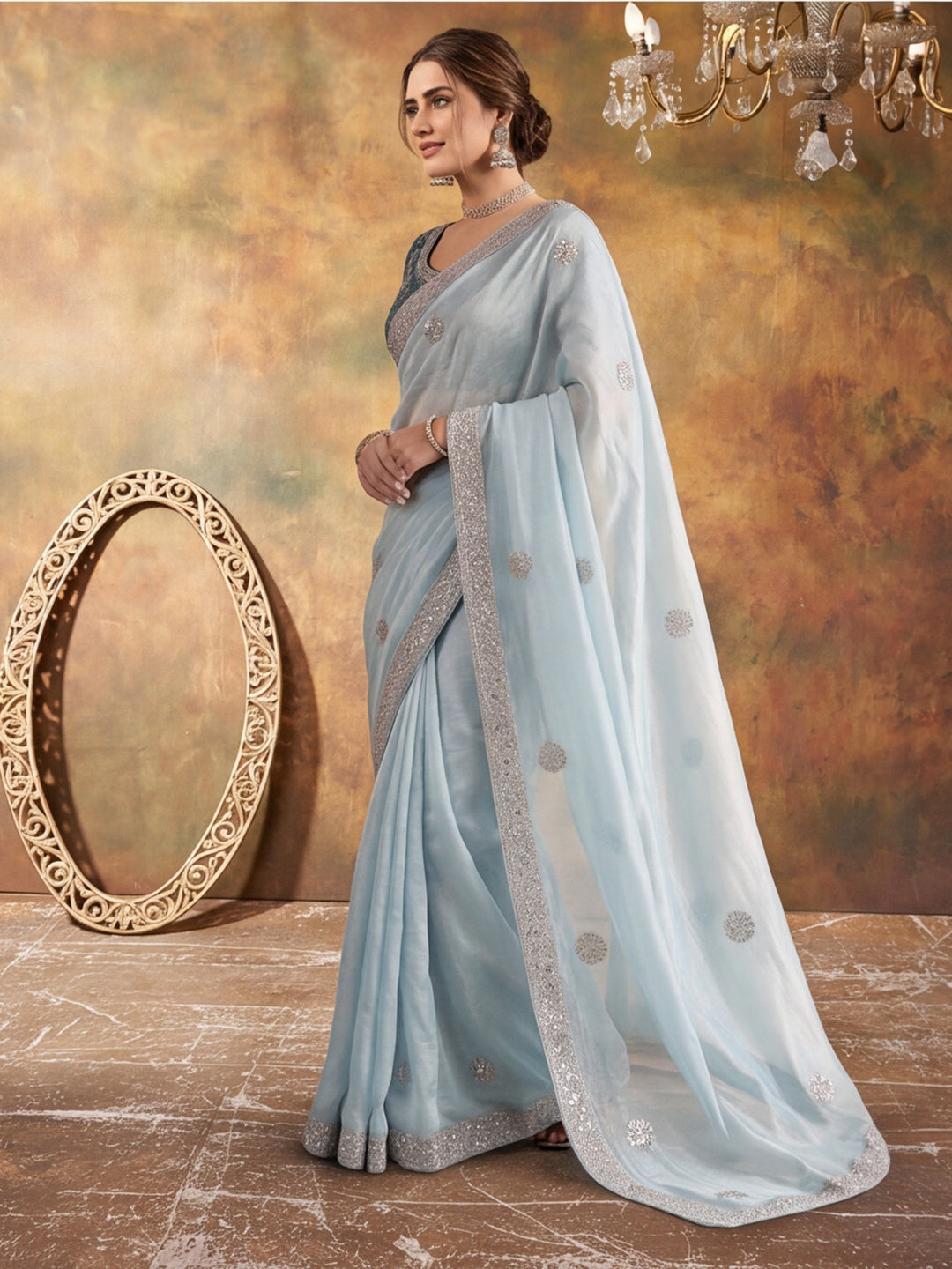 Pure Fandy Satin Pallu Embroidery With Border With Unstitched Blouse Piece